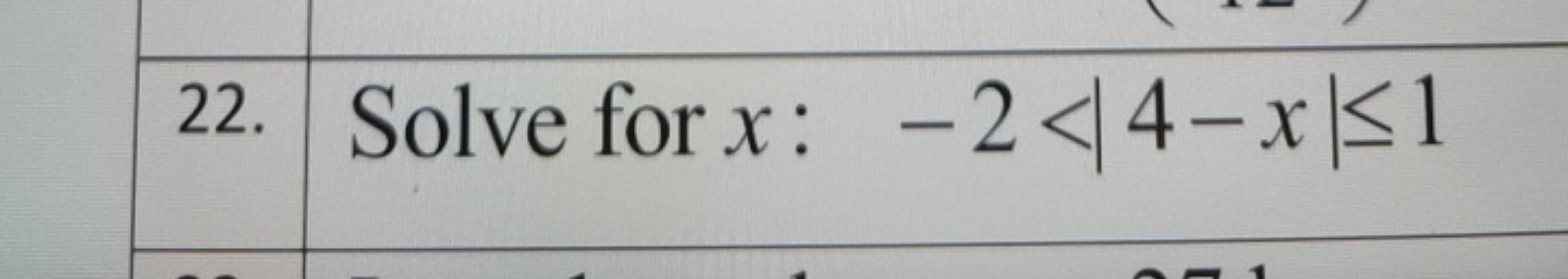 22. Solve for x : −2<∣4−x∣≤1
