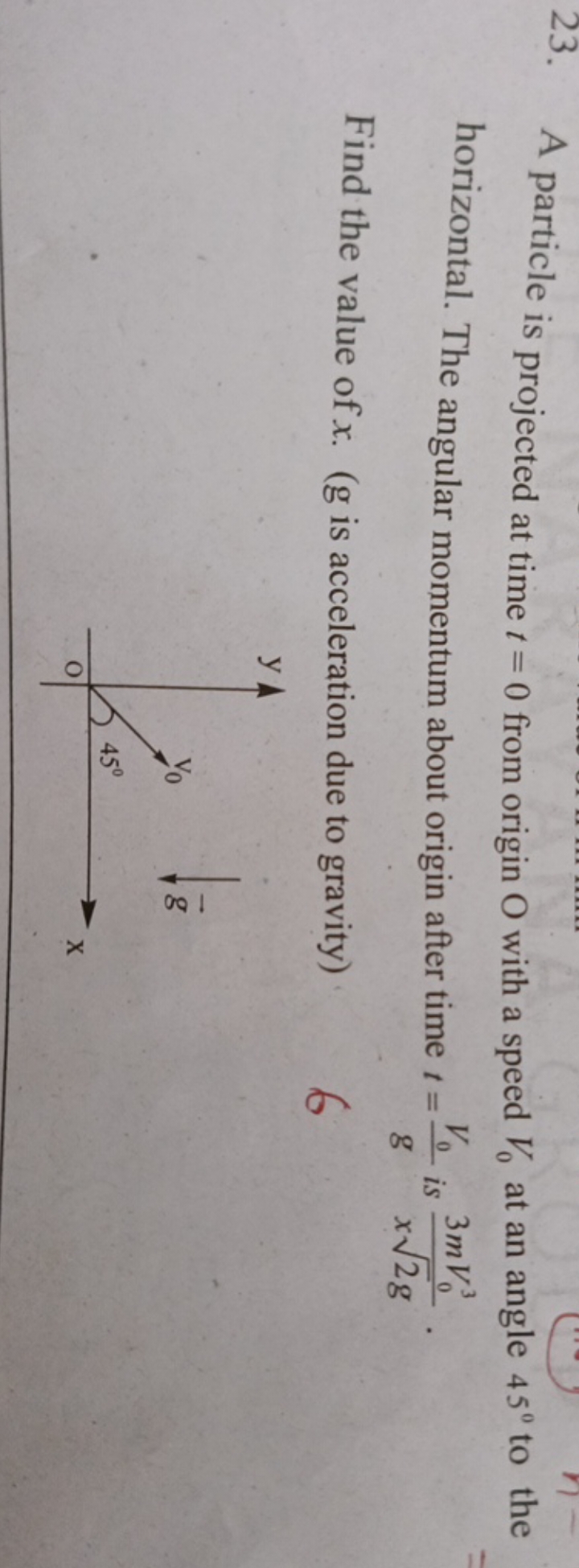 23. A particle is projected at time t=0 from origin O with a speed V0​