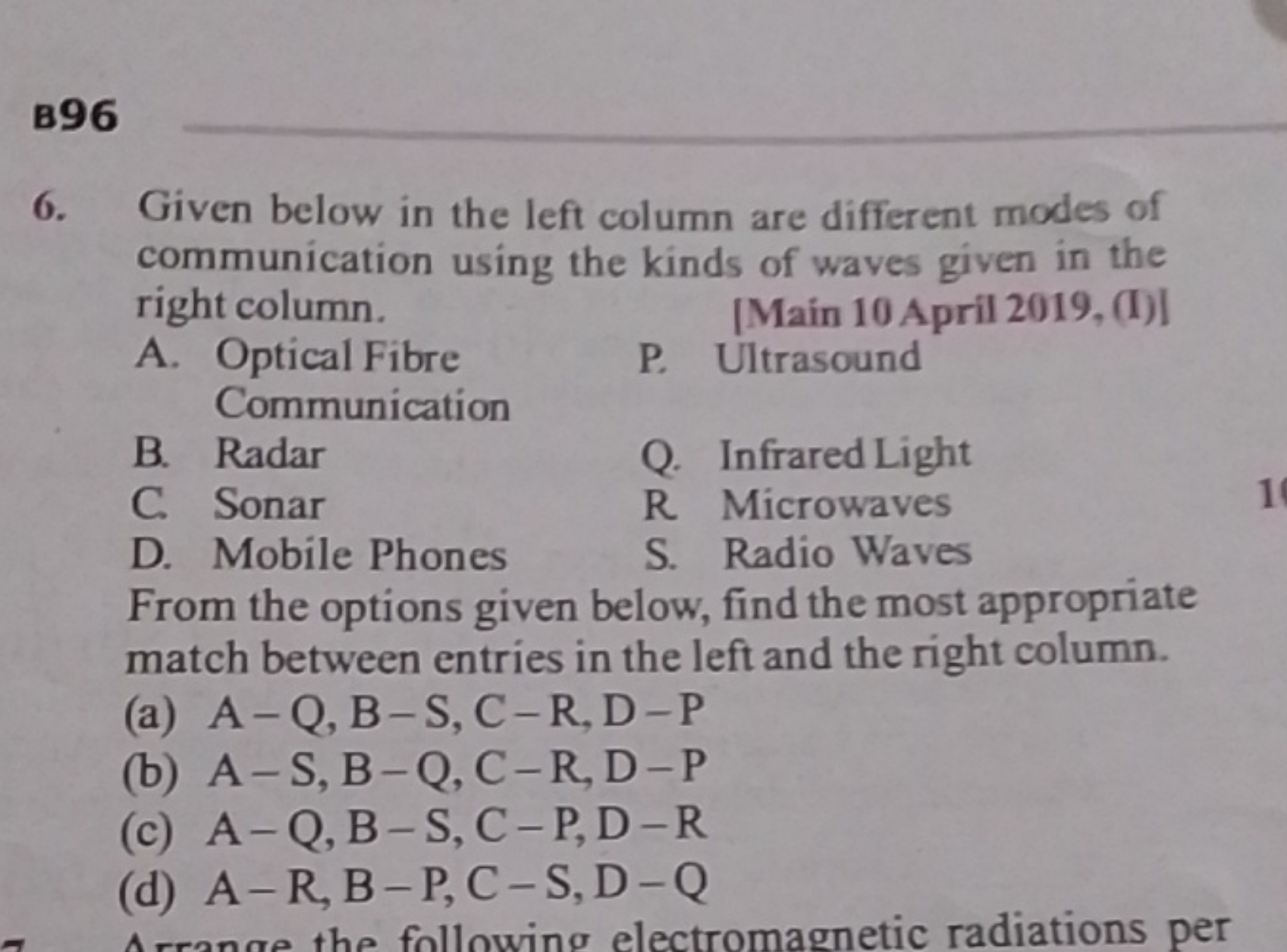 B96 6. Given below in the left column are different modes of communica