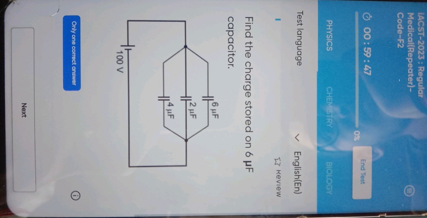 iACST-2023 : Regular Medical(Repeater)Code-F2
00:59:47
९
PHYSICS
CHEMI