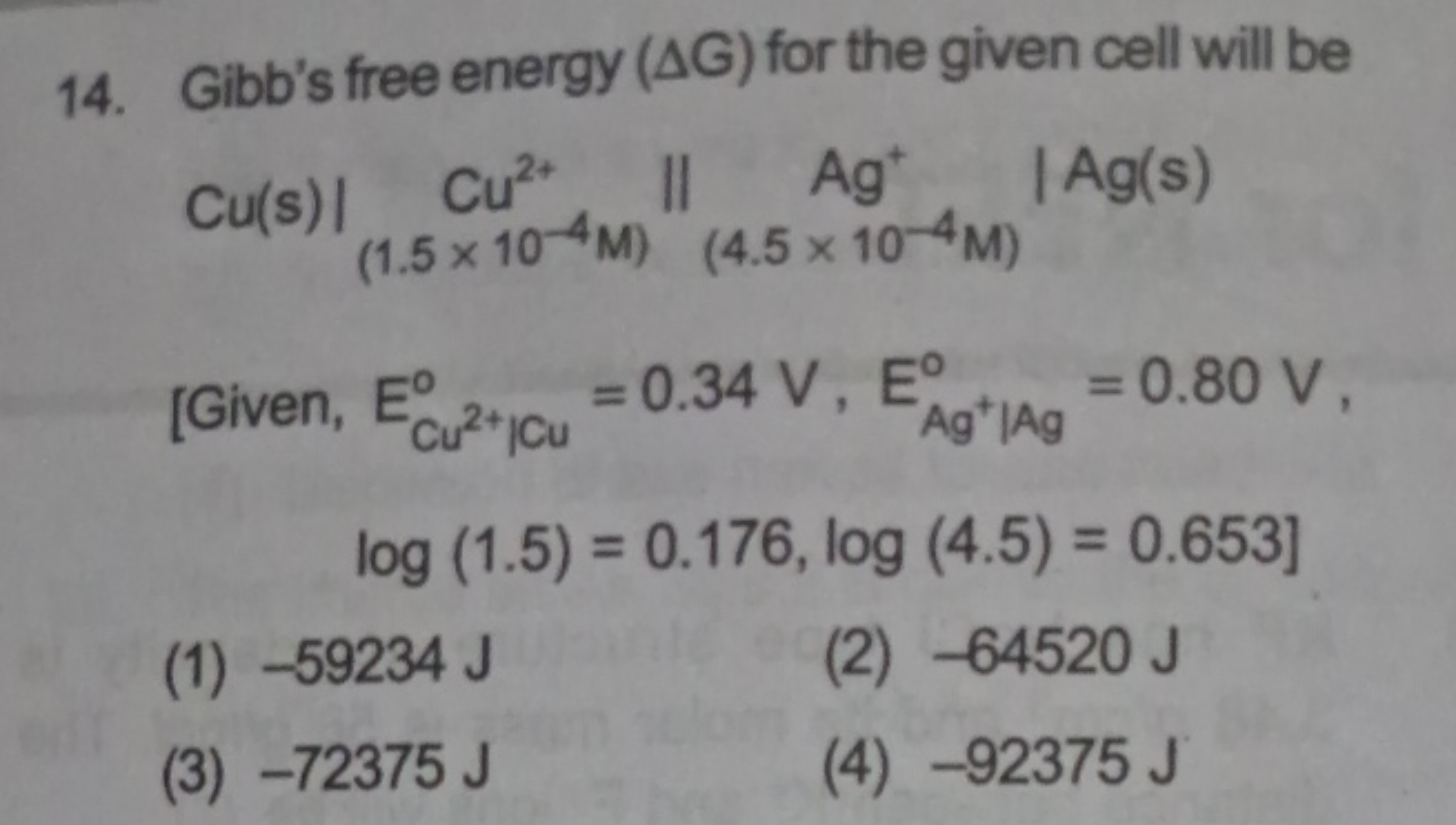 Gibb's free energy (ΔG) for the given cell will be Cu(s)∣∣​(1.5×10−4M)