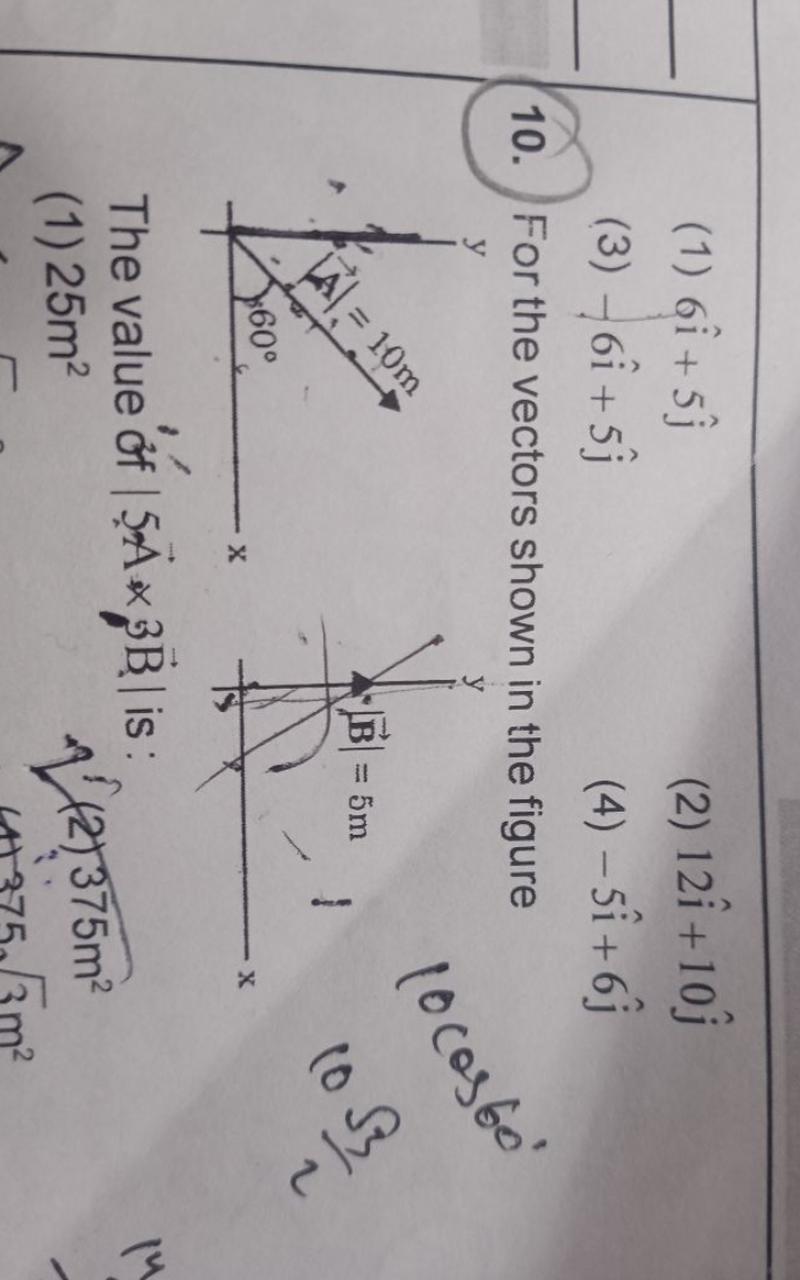 For the vectors shown in the figure 0cos60∘ The value of ∣5A×3B∣ is: