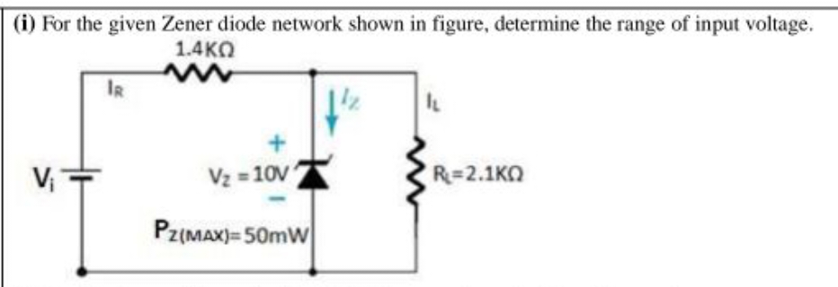 (i) For the given Zener diode network shown in figure, determine the r