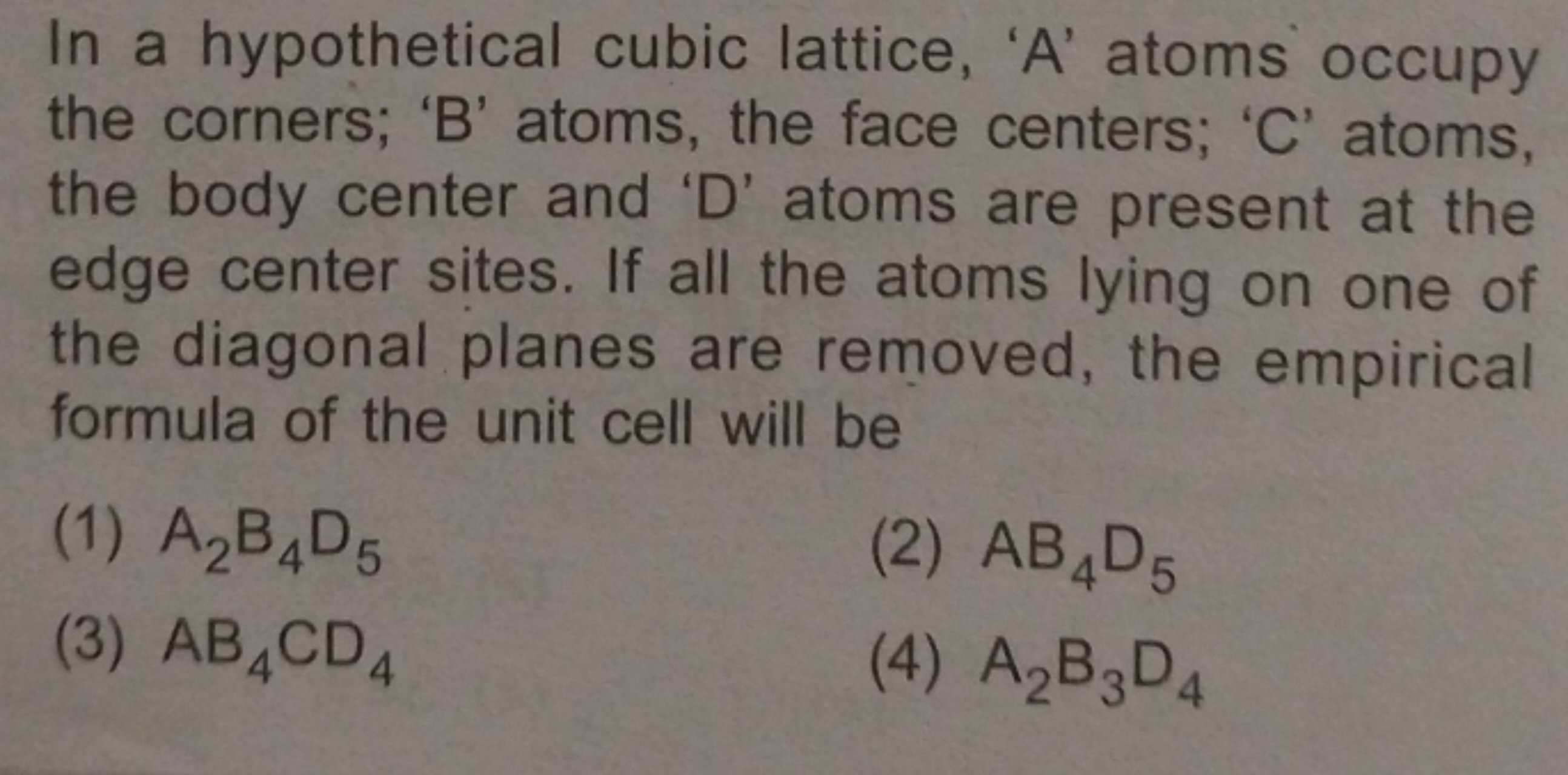 In a hypothetical cubic lattice, 'A' atoms occupy the corners; ' B ' a