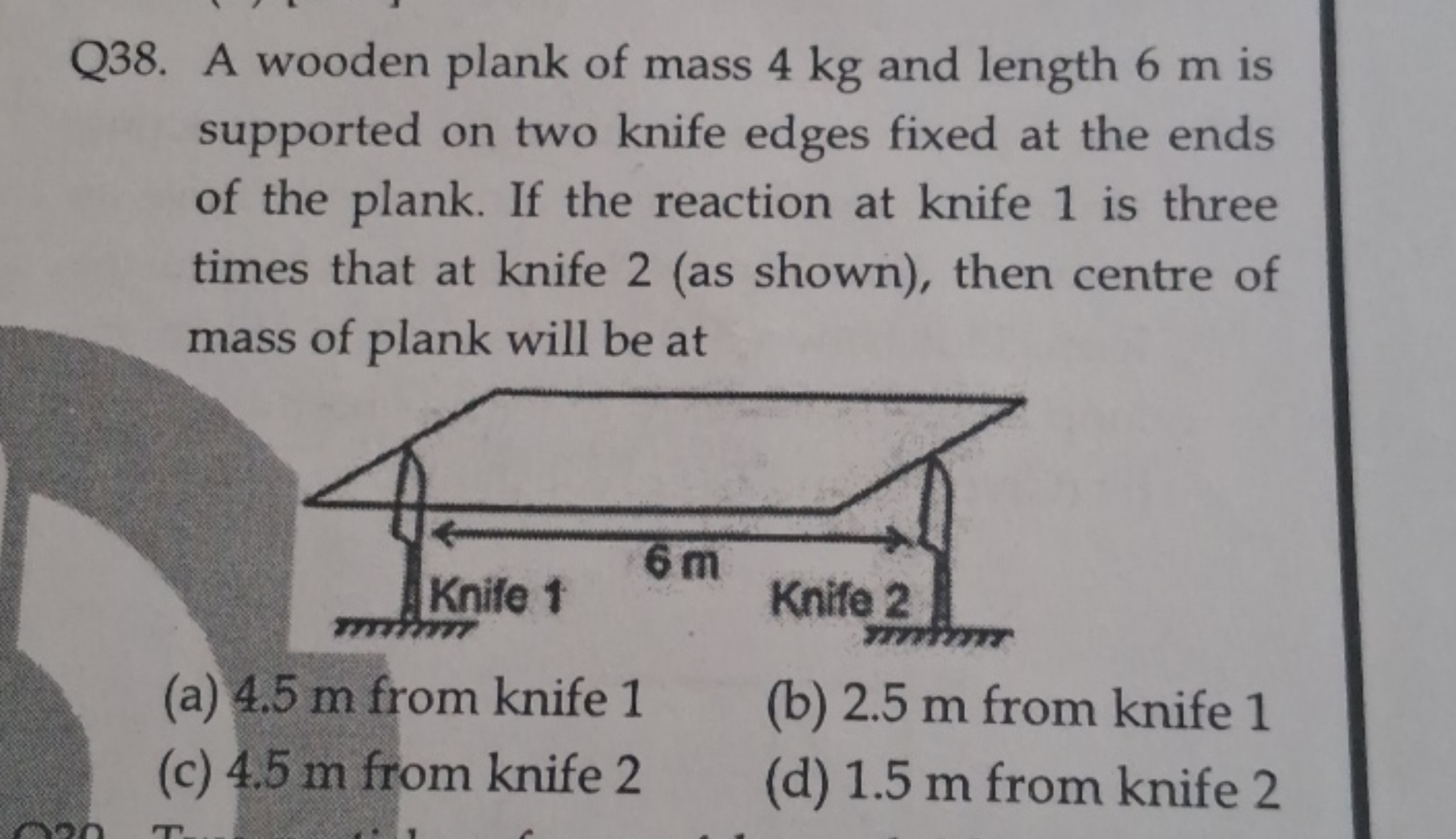 Q38. A wooden plank of mass 4 kg and length 6 m is supported on two kn