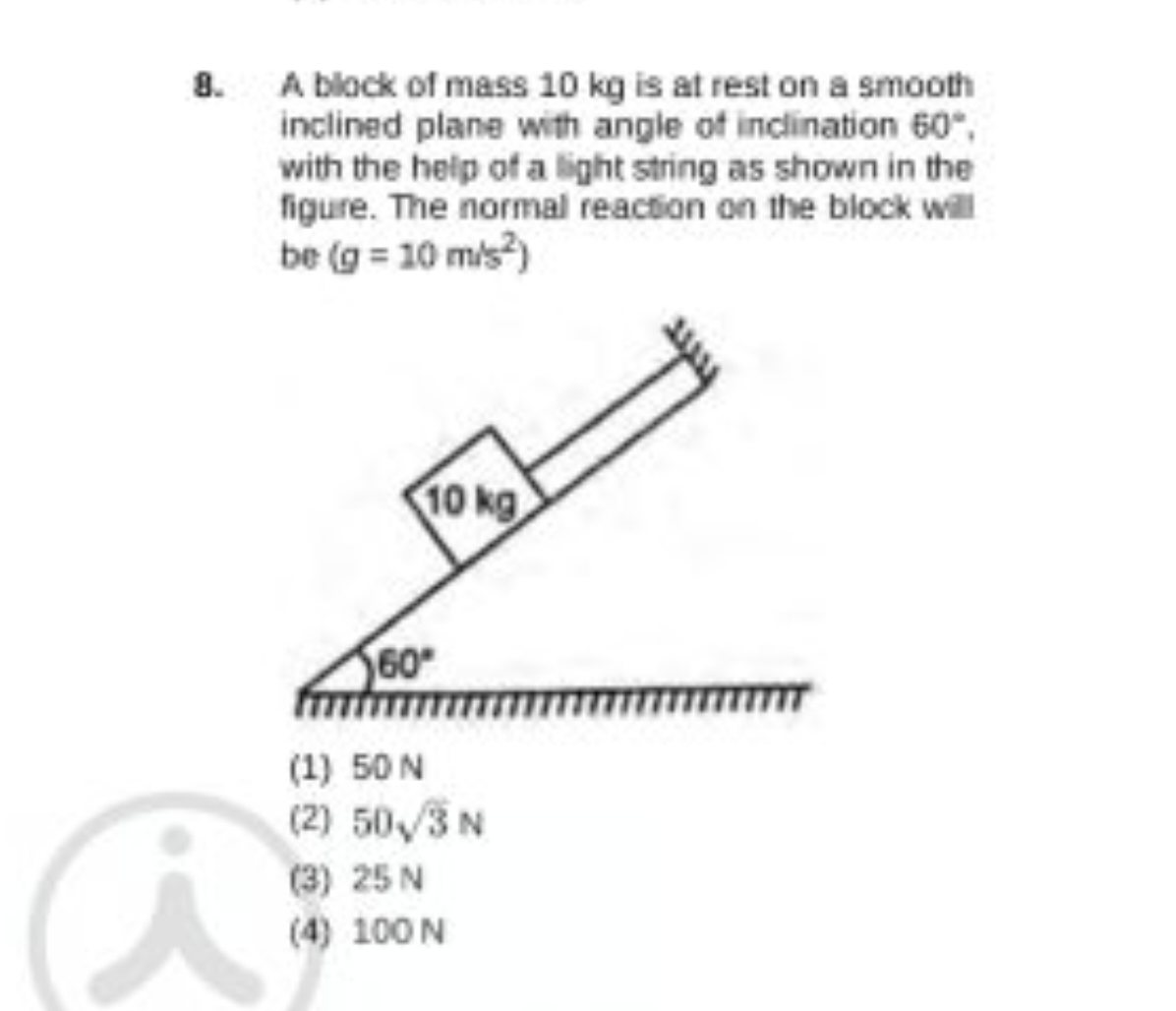 A block of mass 10 kg is at rest on a smooth inclined plane with angle