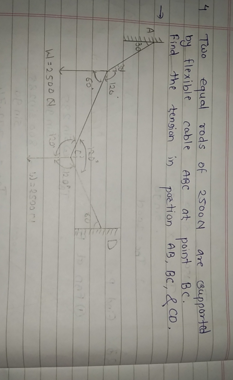 4 Two equal rods of 2500 N are supported by flexible cable ABC at poin