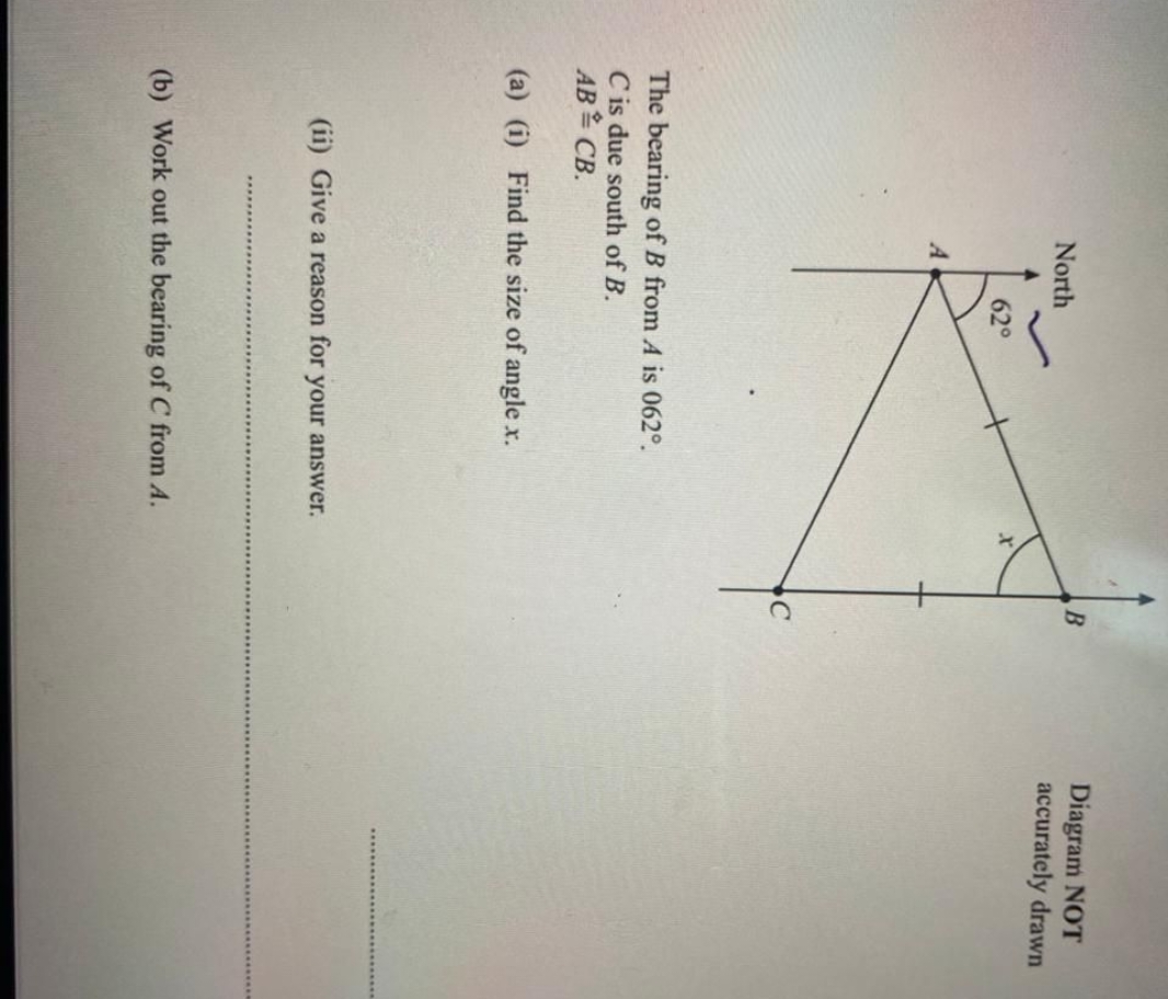 Diagram NOT accurately drawn

The bearing of B from A is 062∘.
C is du