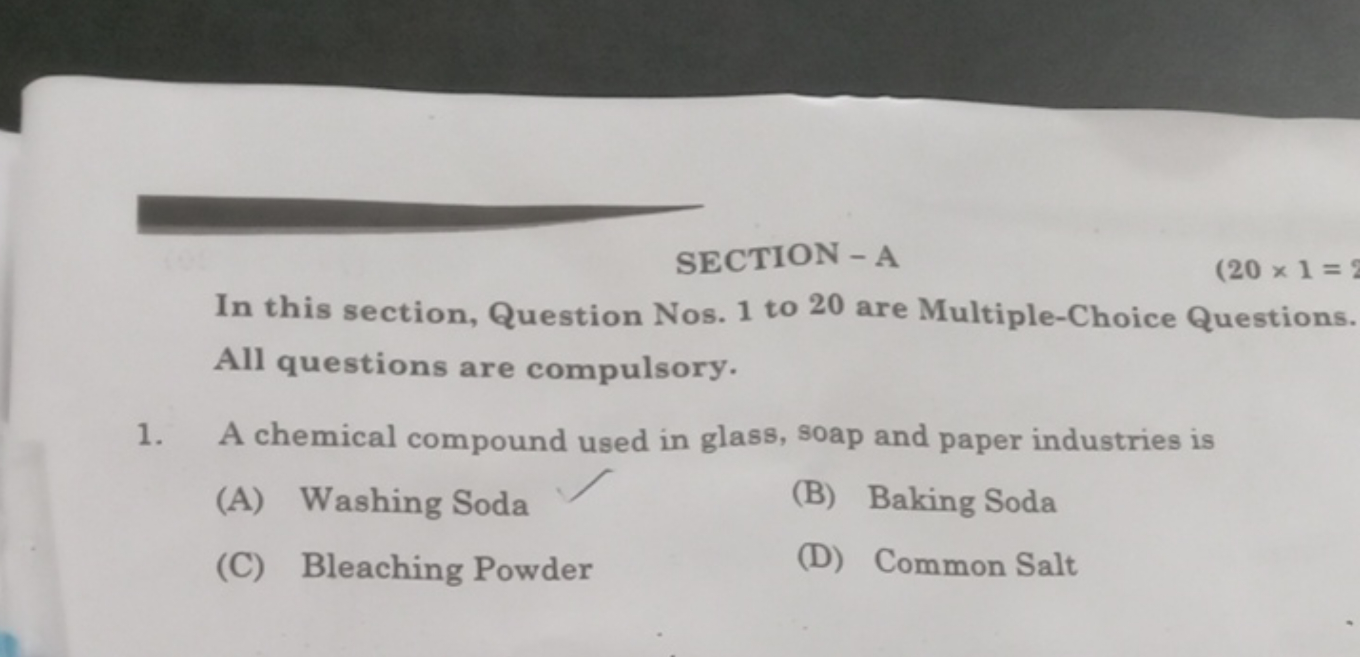 SECTION - A (20×1=2 In this section, Question Nos. 1 to 20 are Multipl