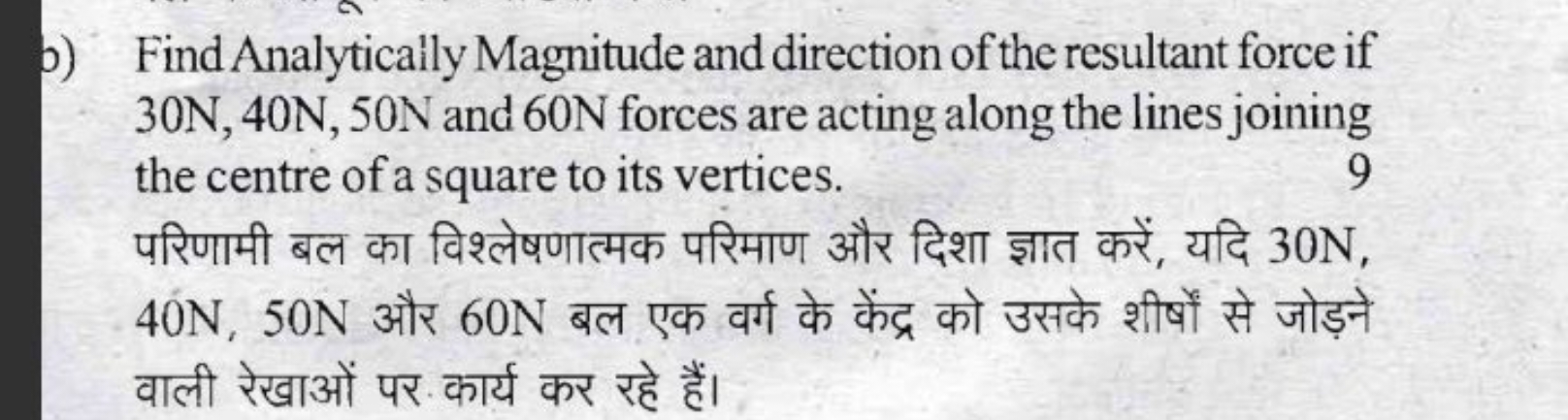 b) Find Analytically Magnitude and direction of the resultant force if