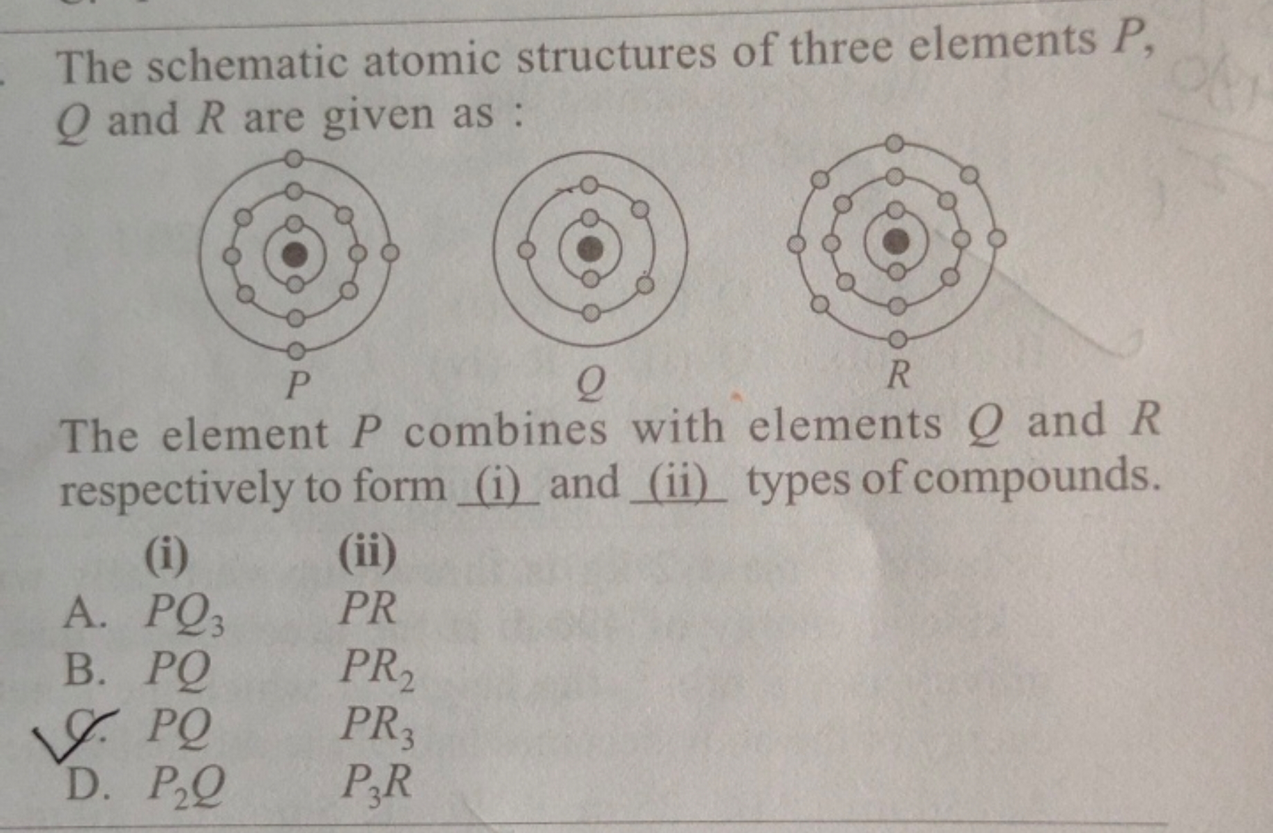 The schematic atomic structures of three elements P, Q and R are given