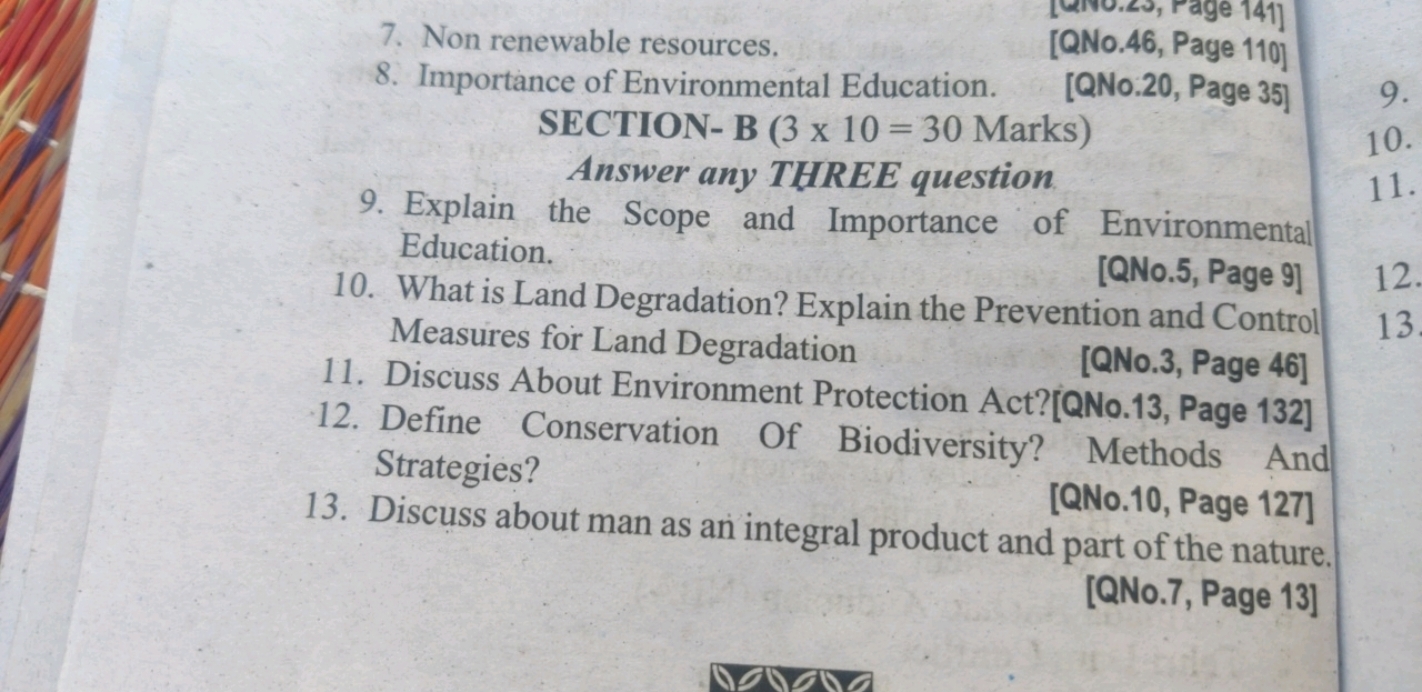 7. Non renewable resources.
[QNo.46, Page 110]
8. Importance of Enviro