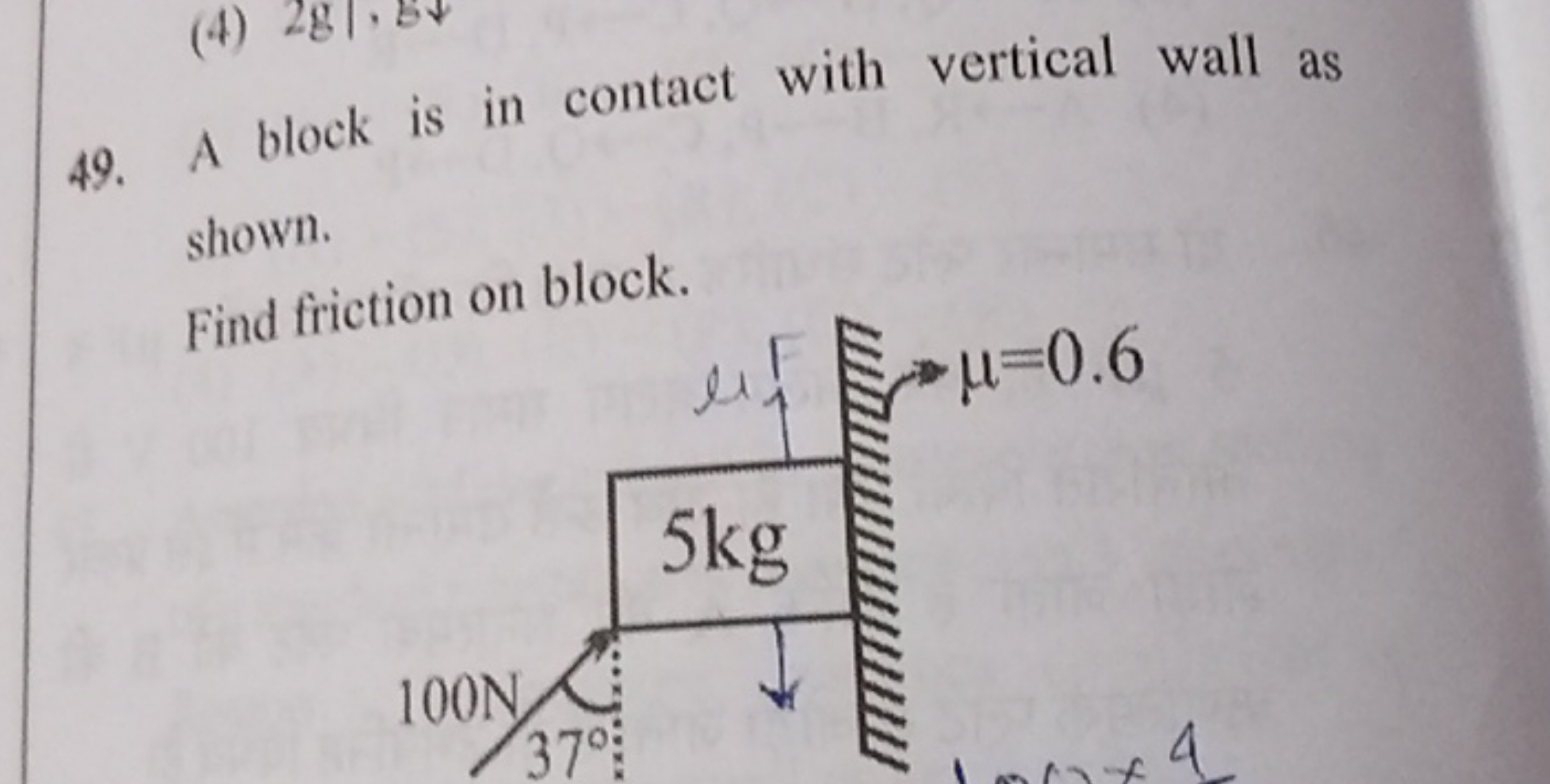 49. A block is in contact with vertical wall as shown.
Find friction o