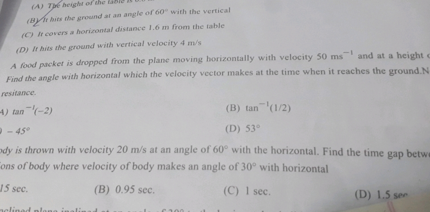 (B) It hits the ground at an angle of 60∘ with the vertical
(C) It cov