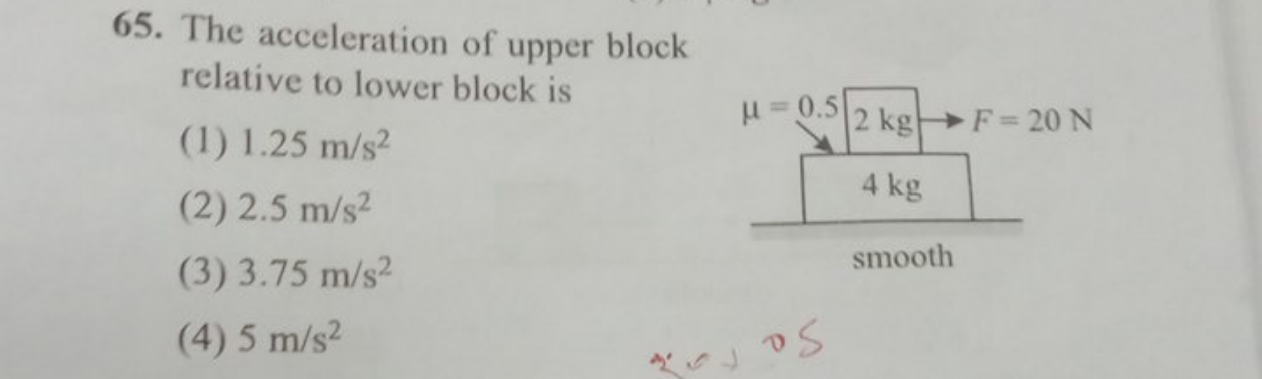 The acceleration of upper block relative to lower block is