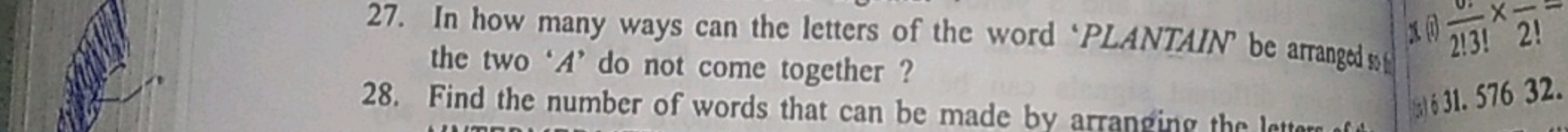 27. In how many ways can the letters of the word 'PLANTAIN' be arrango