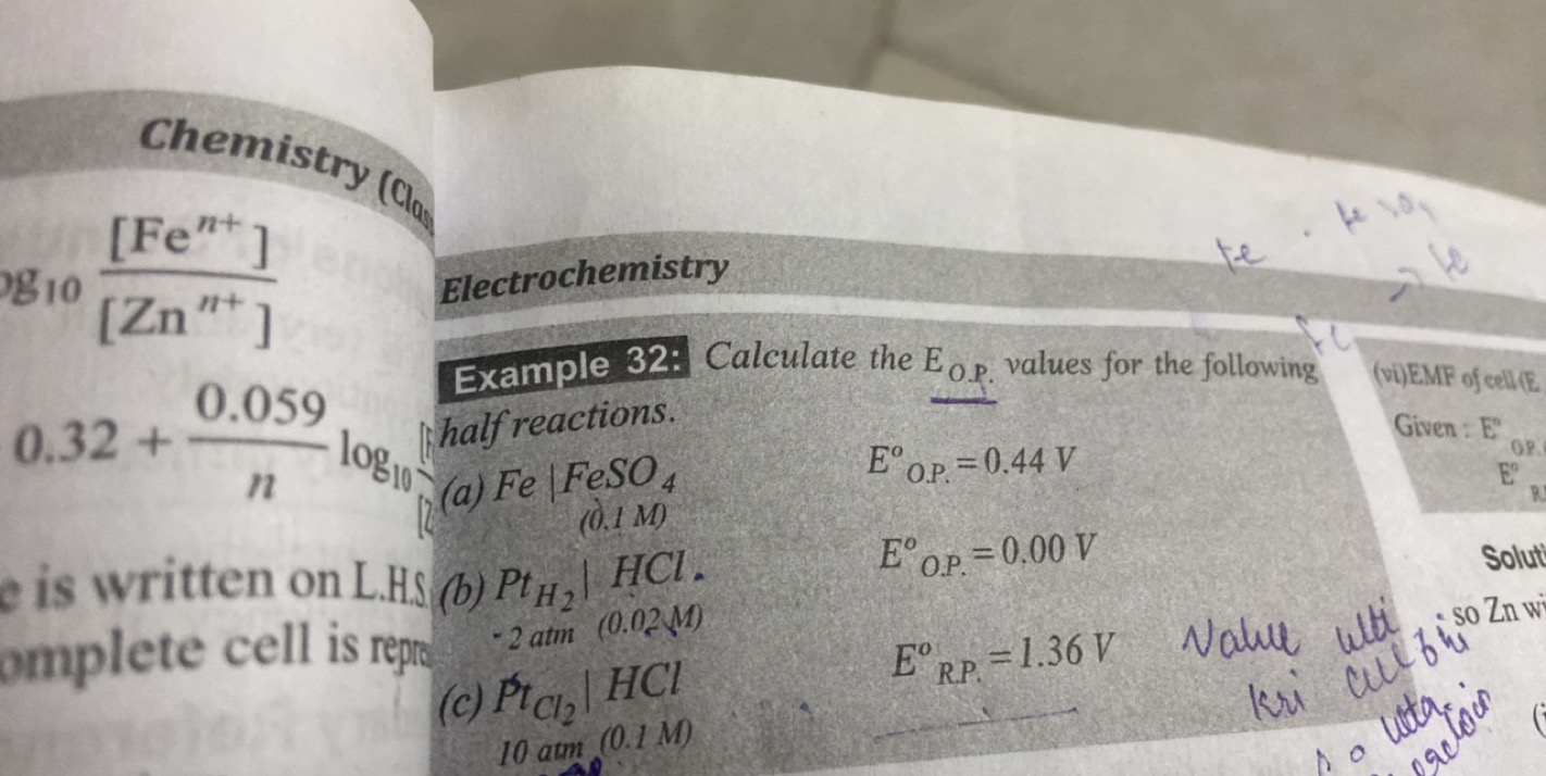 Chemistry (aqu)
gg10​[Znn+][Fen+]​ Electrochemistry
0.32+n0.059​log10​