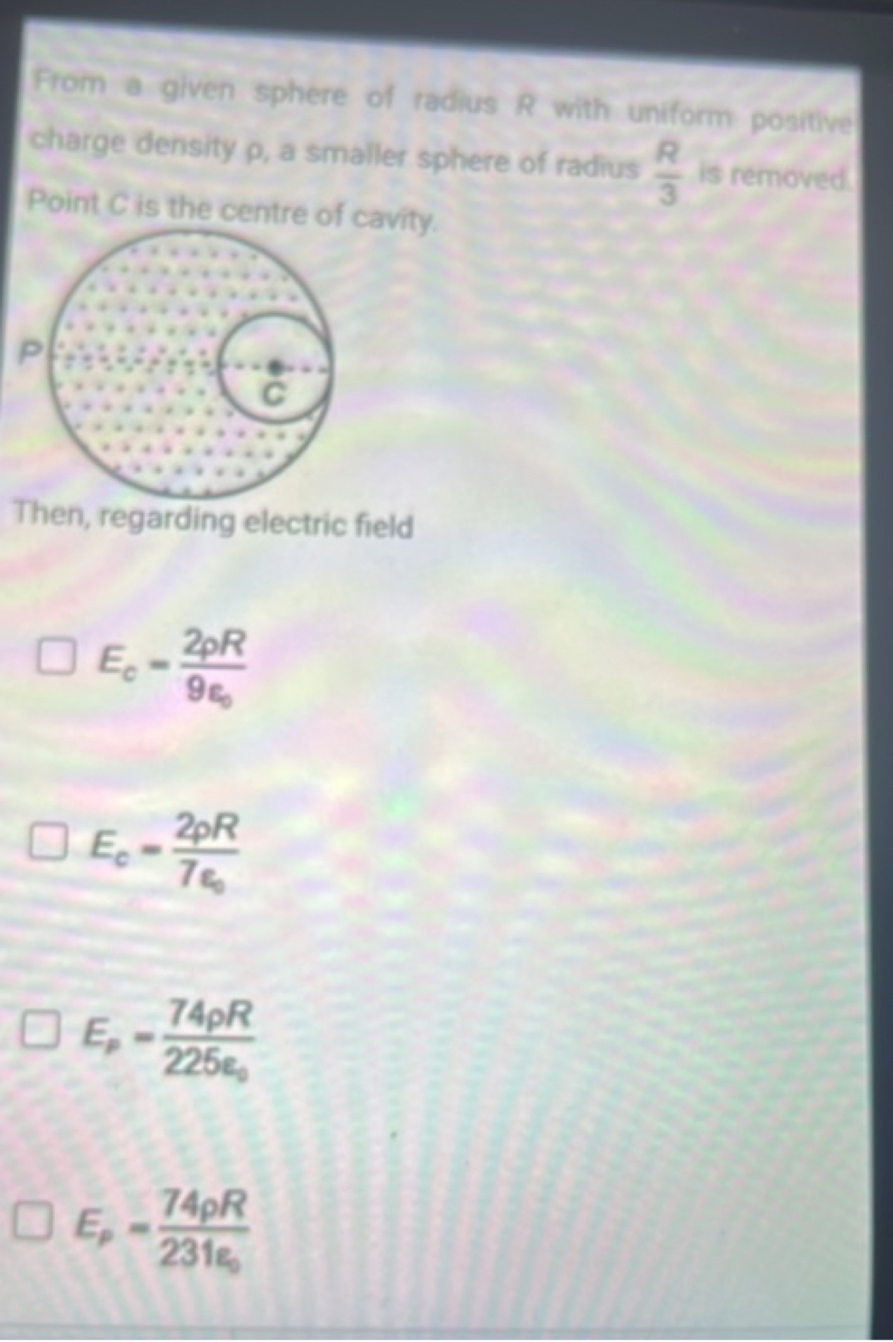 From a given sphere of radius R with uniform positive charge density ρ