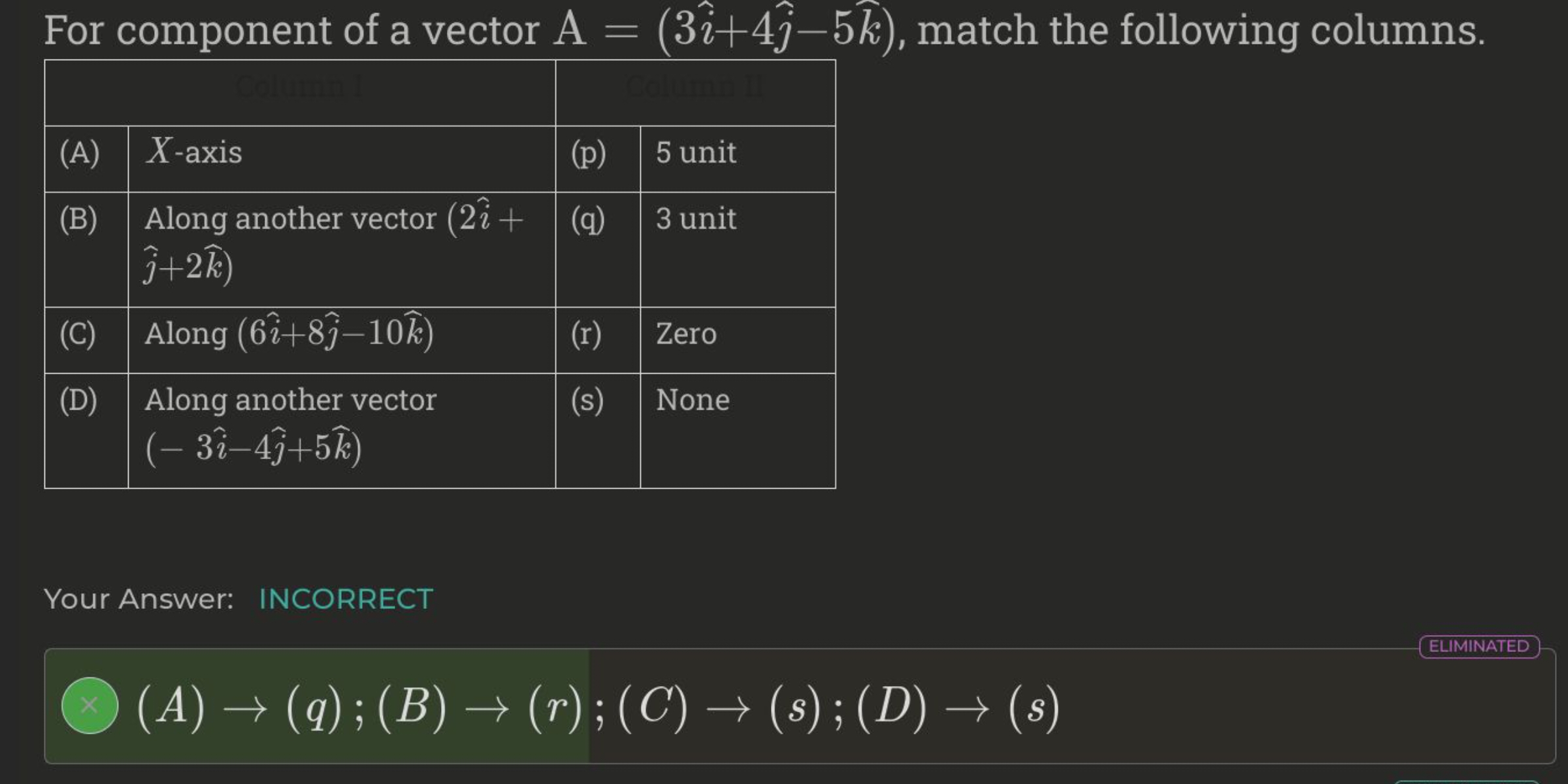 For component of a vector A=(3i^+4j^​−5k^), match the following column