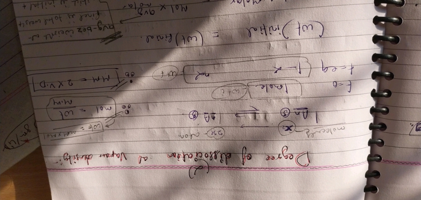 (-)
Degree of dissociation al Vapour density:-
Mol× molar 9∨2​ final i