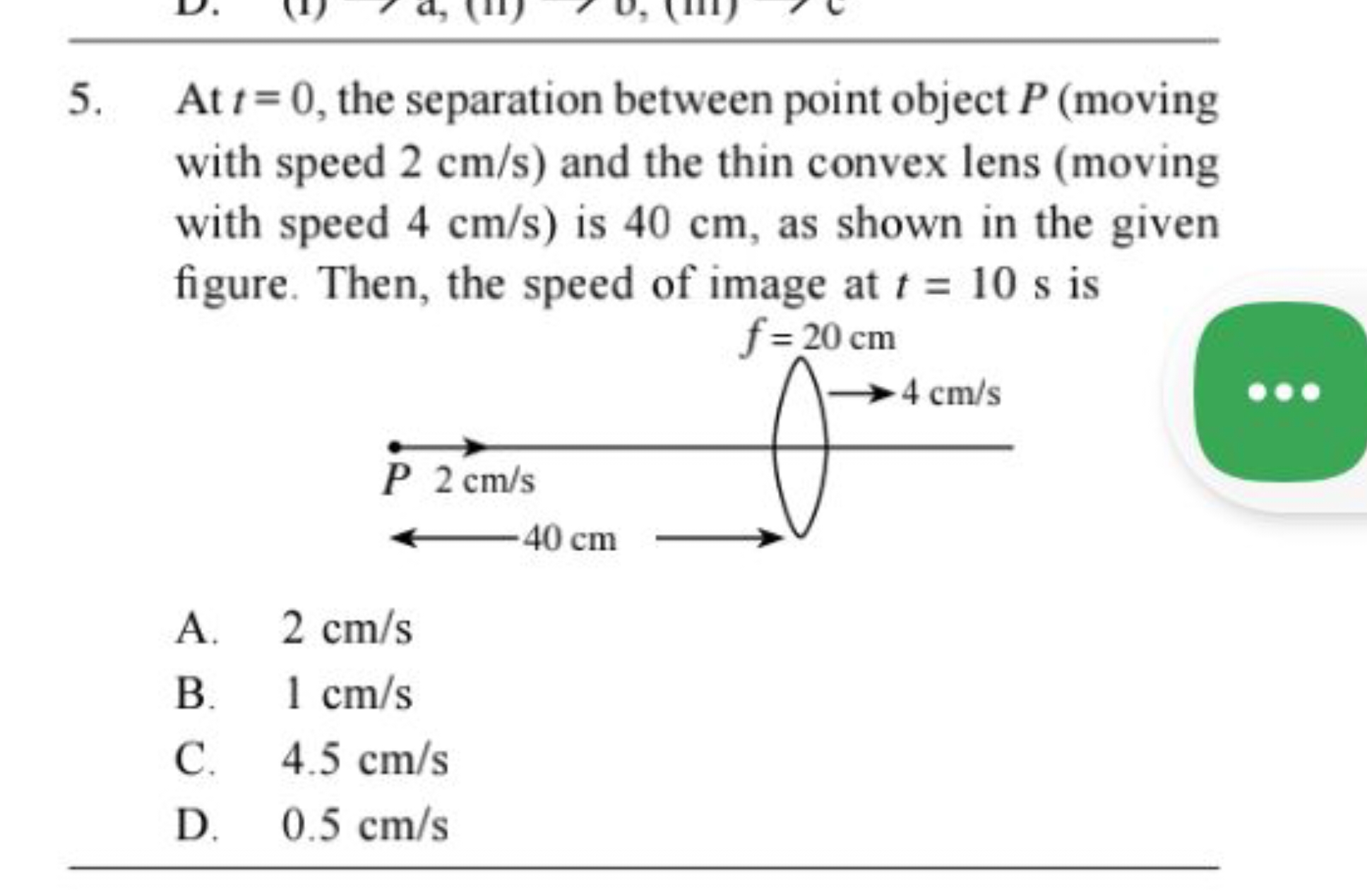 At t=0, the separation between point object P (moving with speed 2 cm/