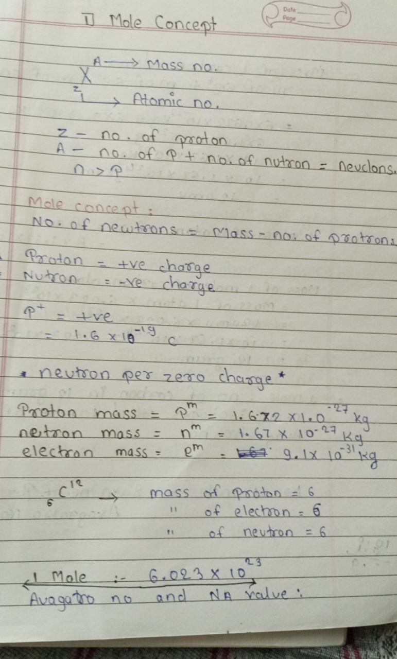 1 Mole Concept
Date
Gre

XA⟶ Mass no. 2⟶ Atomic no. ​
z - no. of proto