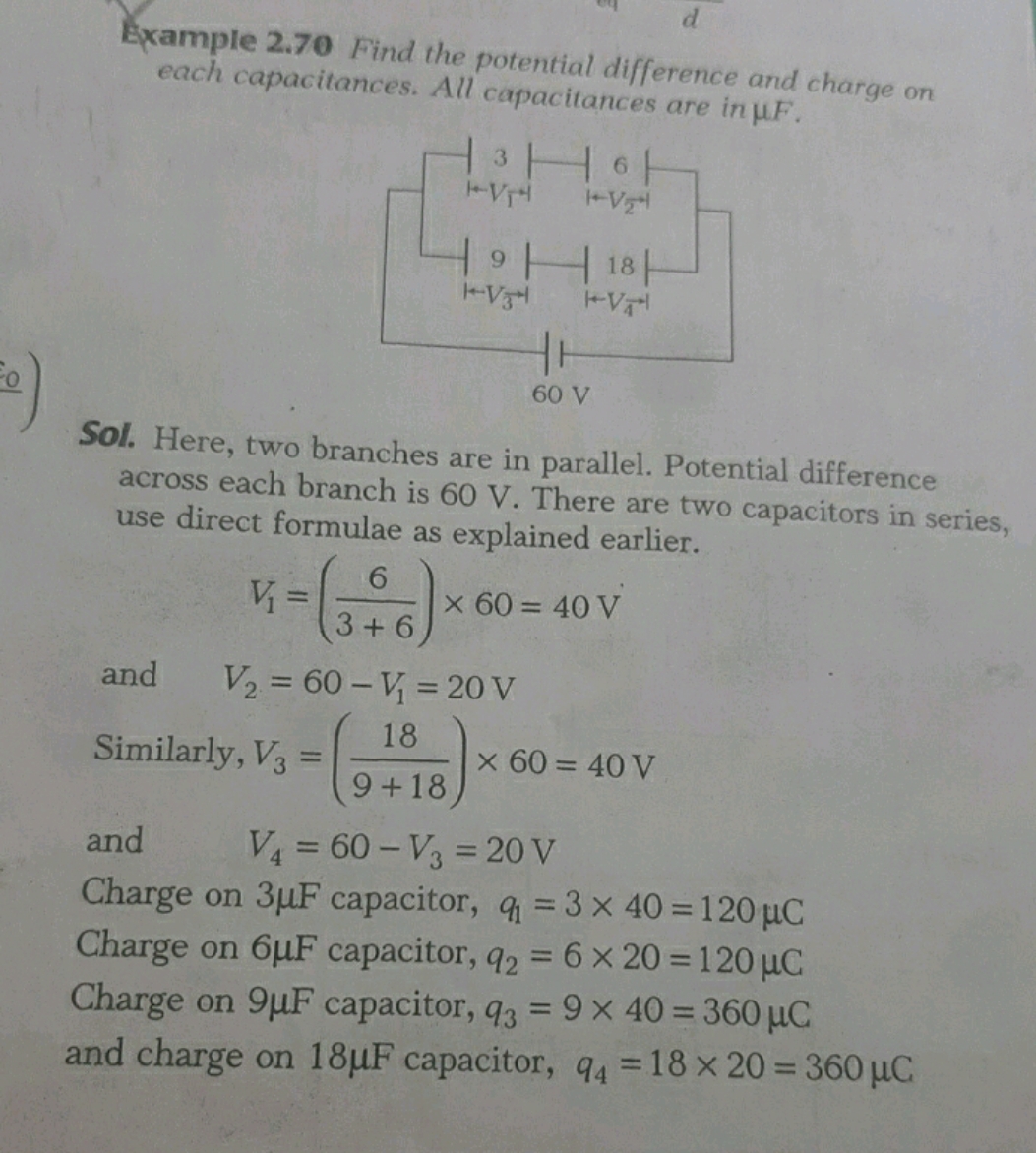 Example 2.70 Find the potential difference and charge on each capacita