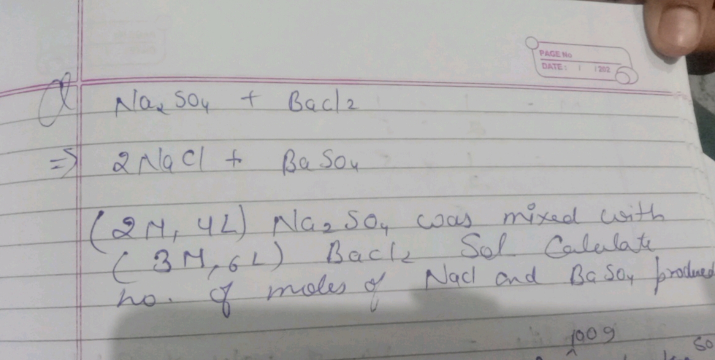 Na2​SO4​+BaCl2​⇒2NaCl+BaSO4​​
(2M,4L)Na2​SO4​ was mixed with (3M,6L) B