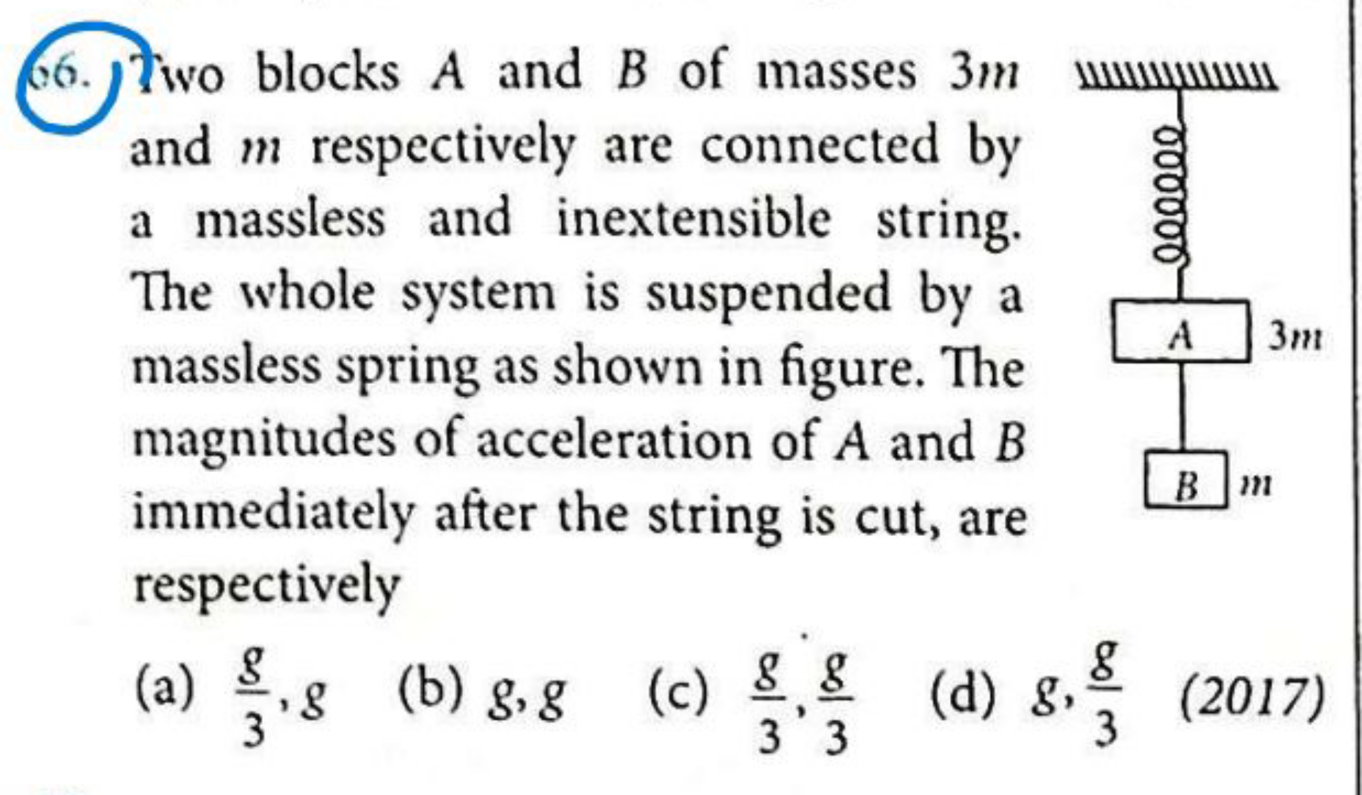 Two blocks A and B of masses 3 m and m respectively are connected by a