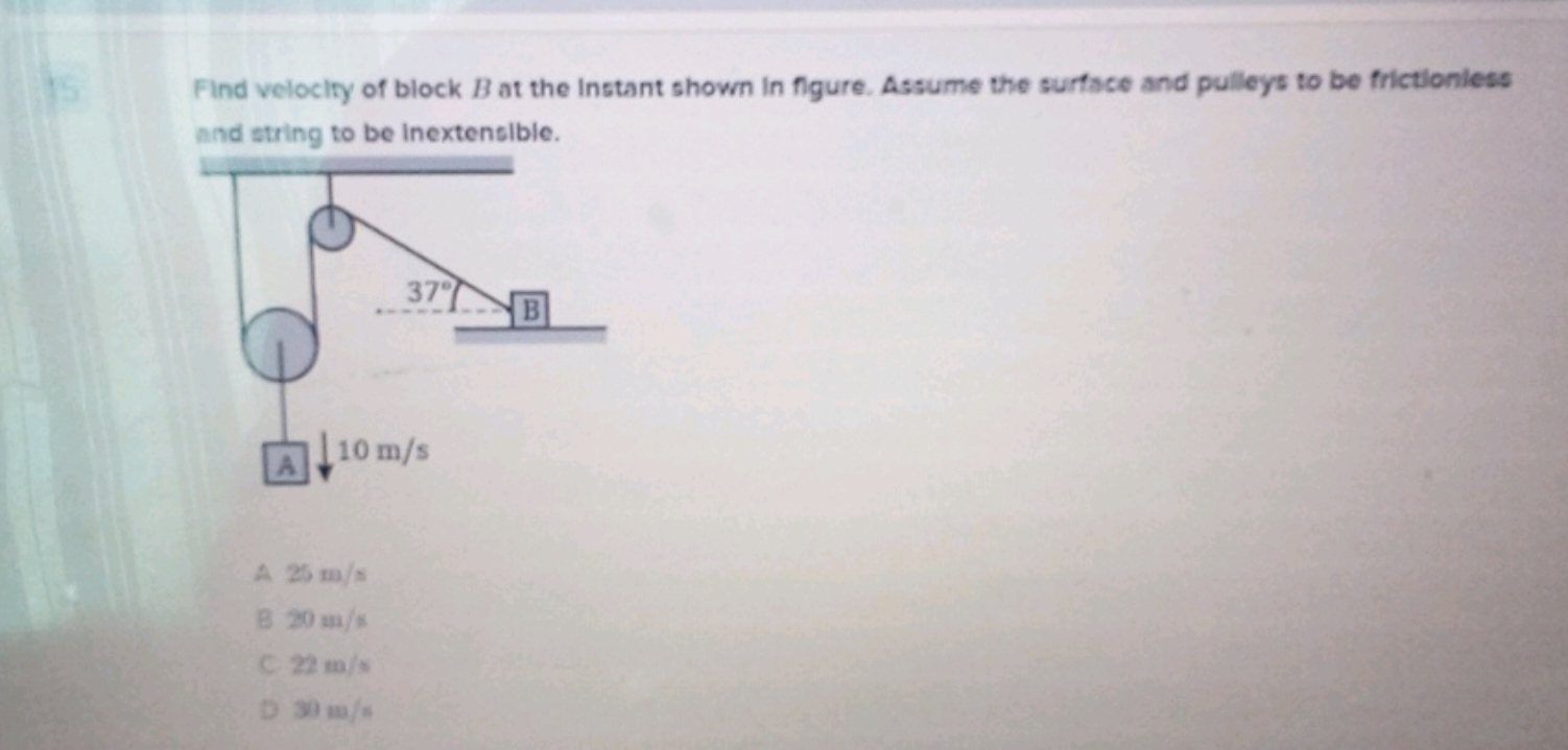 Find velocity of block B at the Instant shown in figure. Assume the su