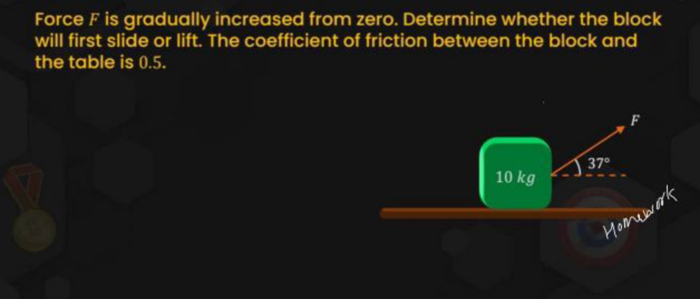 Force F is gradually increased from zero. Determine whether the block 