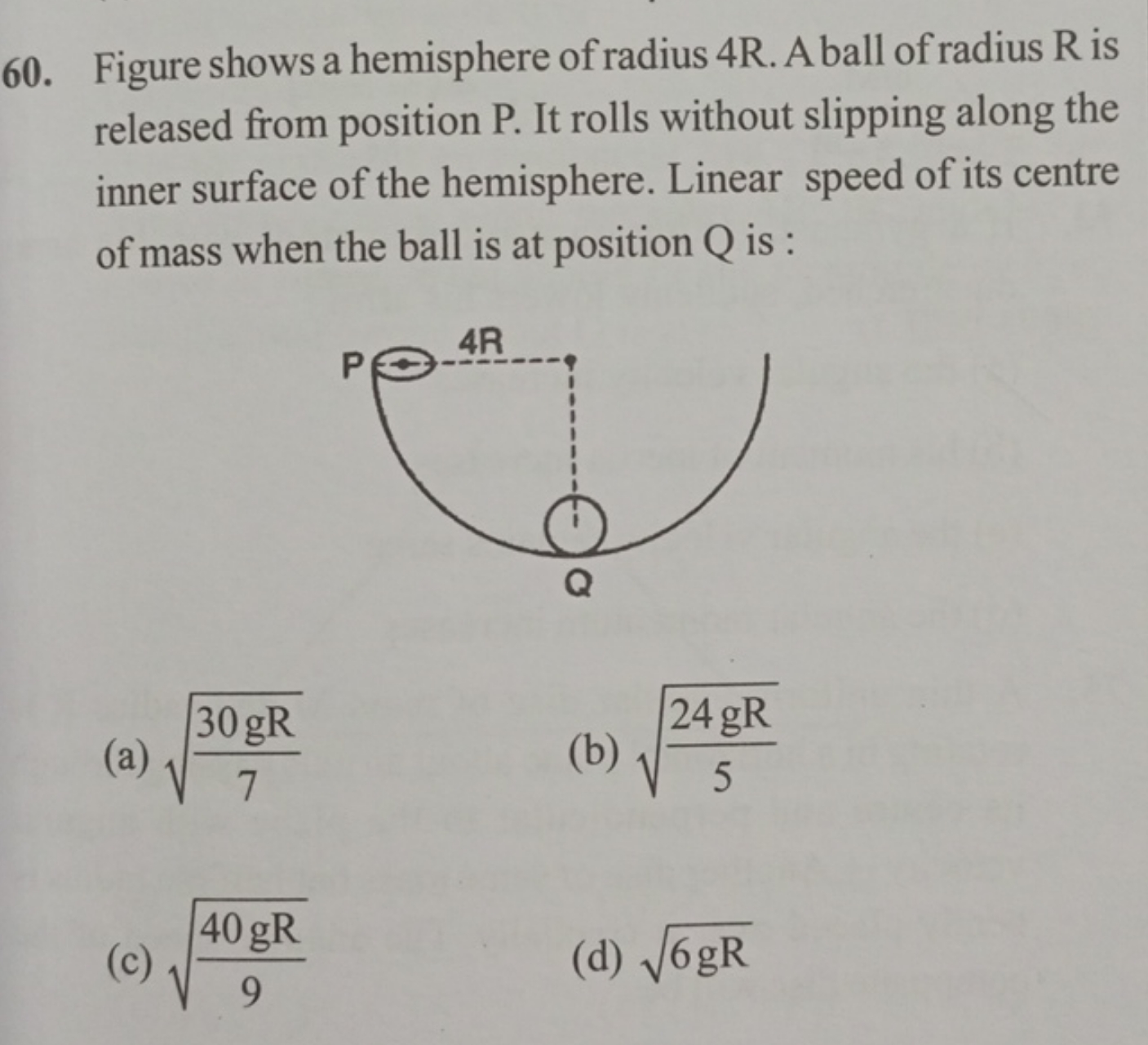 Figure shows a hemisphere of radius 4R. A ball of radius R is released