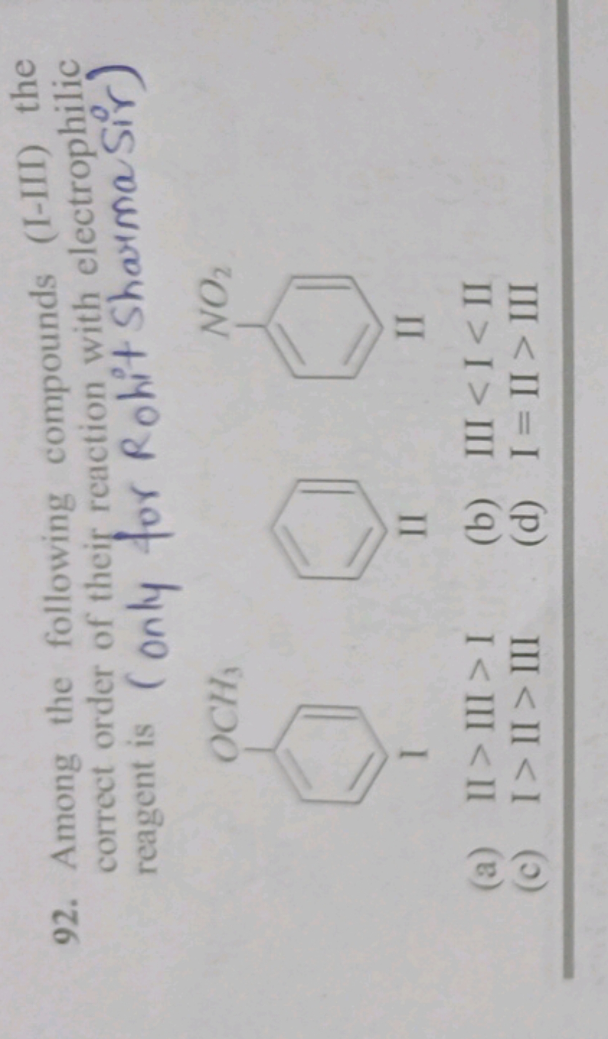 Among the following compounds (I-III) the correct order of their react