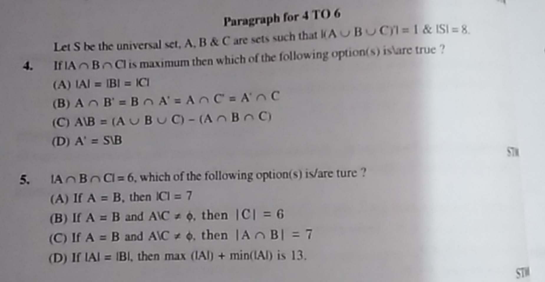 Paragraph for 4706 Let S be the universal set, A,B&C are sets such tha