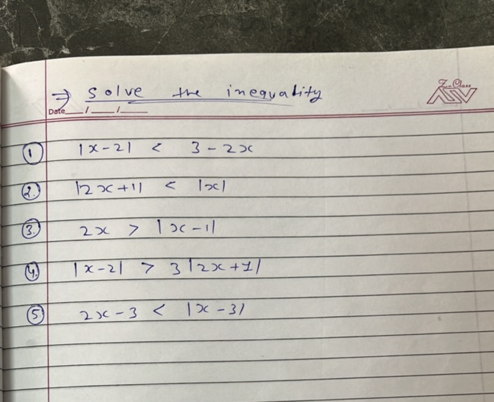 ⇒ Solve the inequatity
(1) ∣x−2∣<3−2x
(2) ∣2x+1∣<∣x∣
(3.) 2x>∣x−1∣
(4.