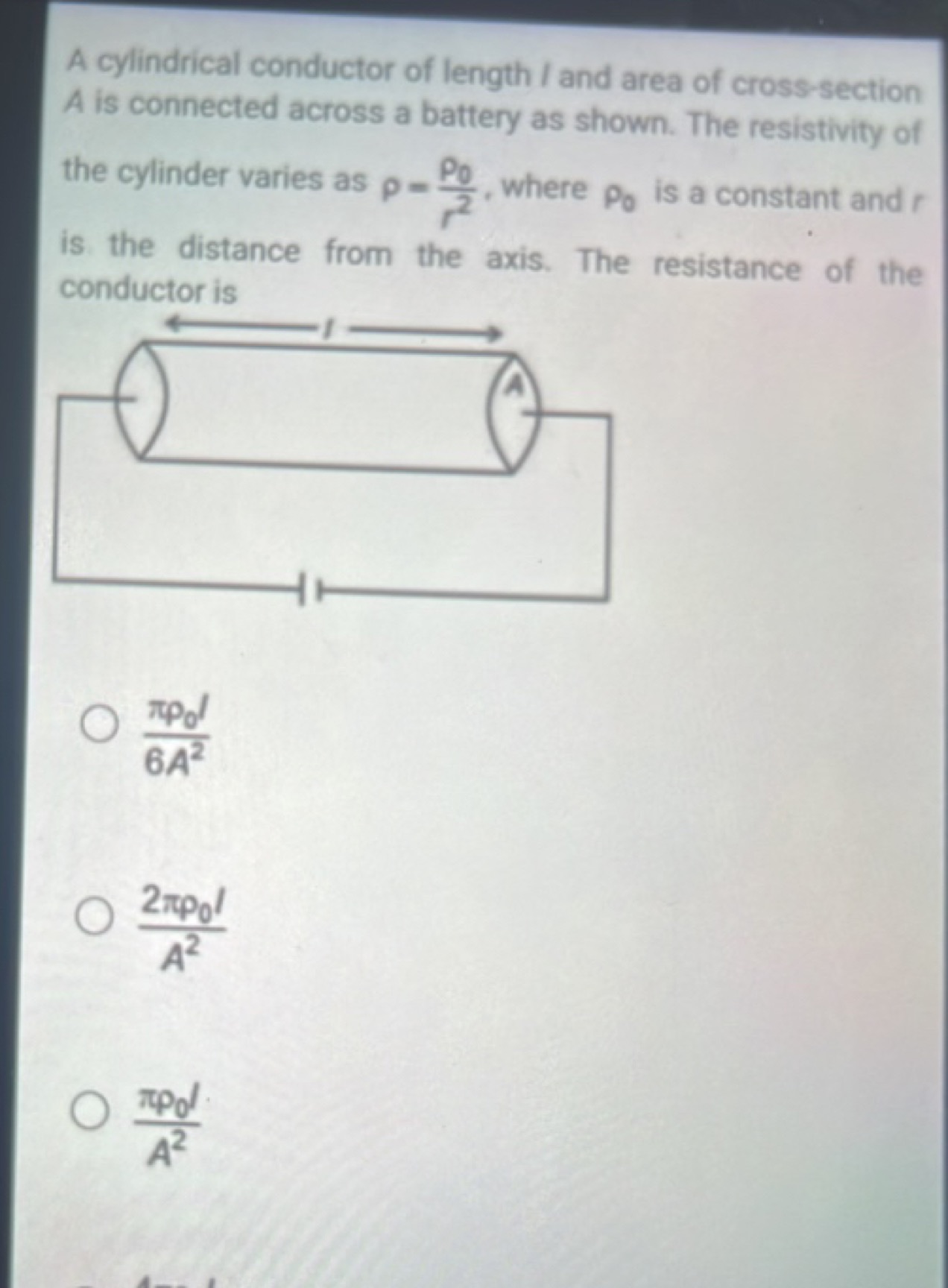 A cylindrical conductor of length / and area of cross-section A is con