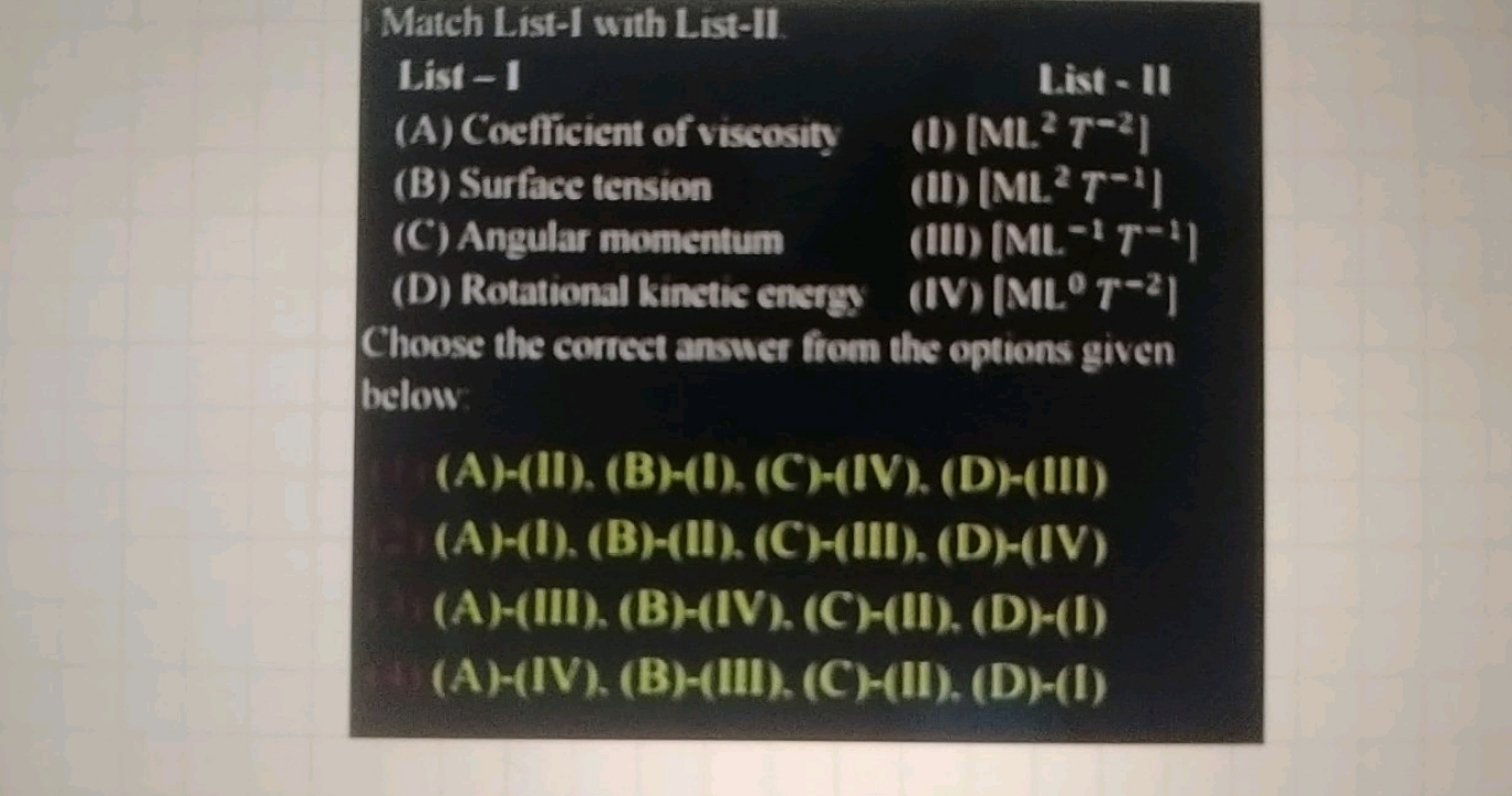 Match List-I with List-II. List - 1 (A) Coefficient of viscosity (B) S