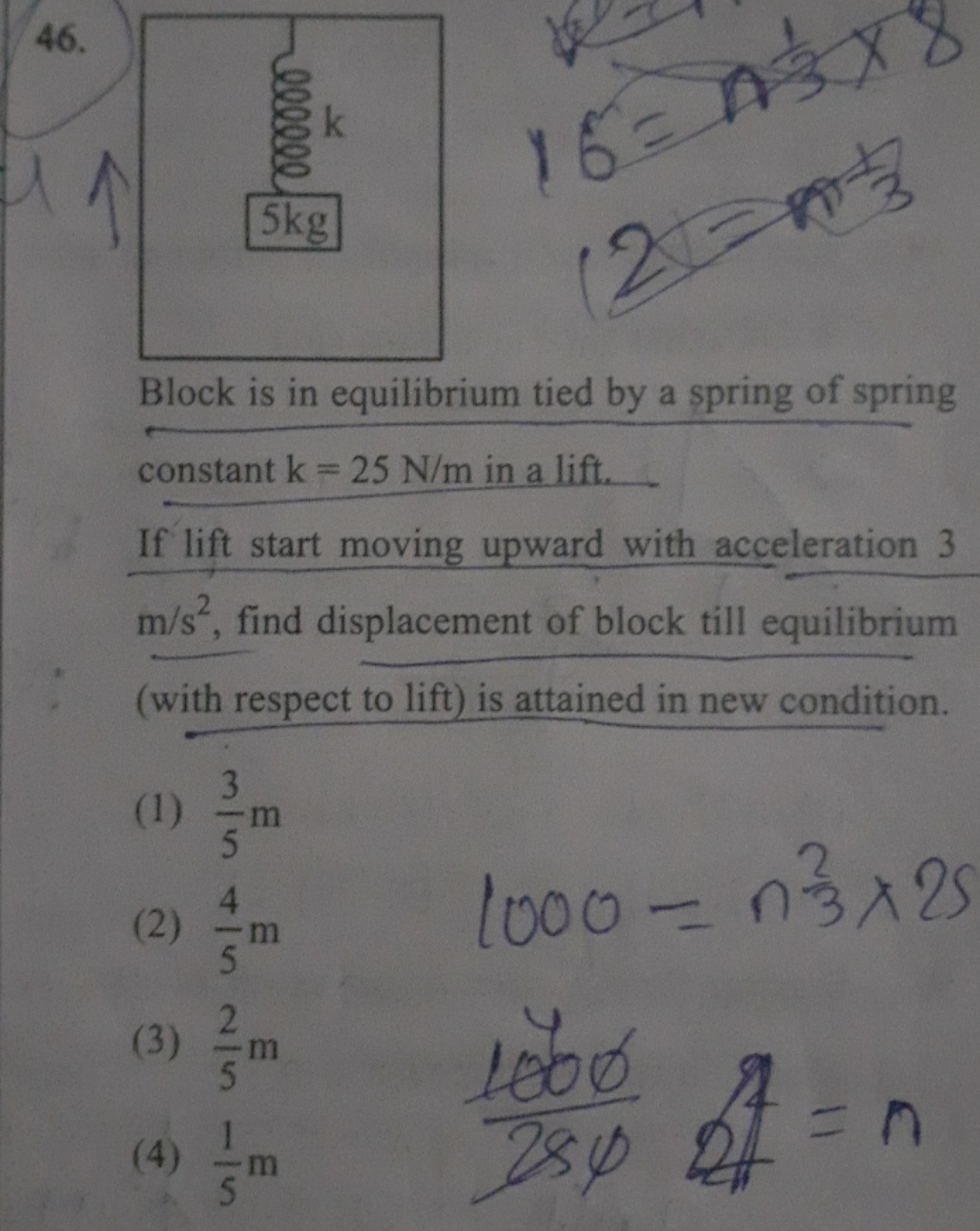 Block is in equilibrium tied by a spring of spring constant k=25 N/m i