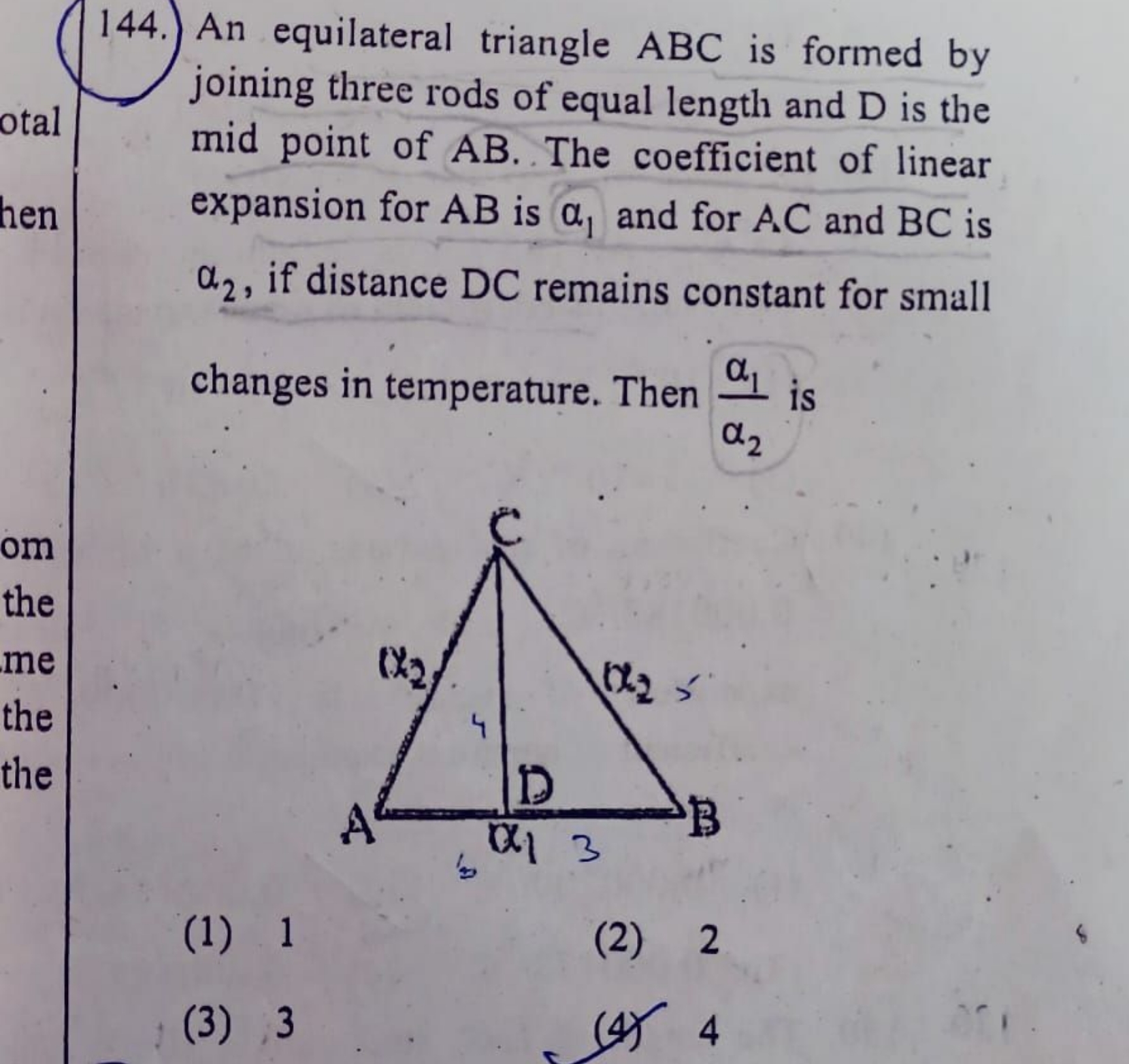 (144.) An equilateral triangle ABC is formed by joining three rods of 