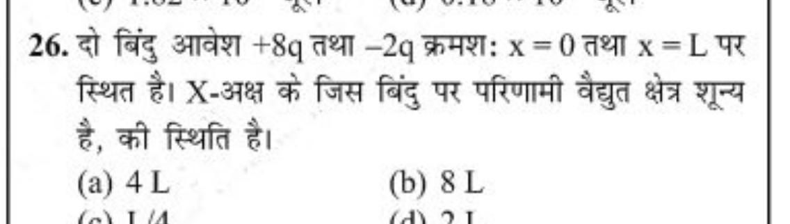 26. दो बिंदु आवेश +8q तथा −2q क्रमश: x=0 तथा x=L पर स्थित है। X-अक्ष क