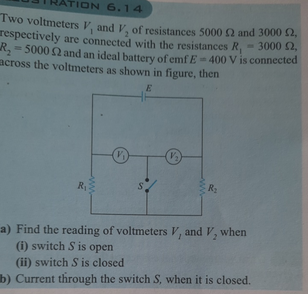 Two voltmeters V1​ and V2​ of resistances 5000Ω and 3000Ω, respectivel