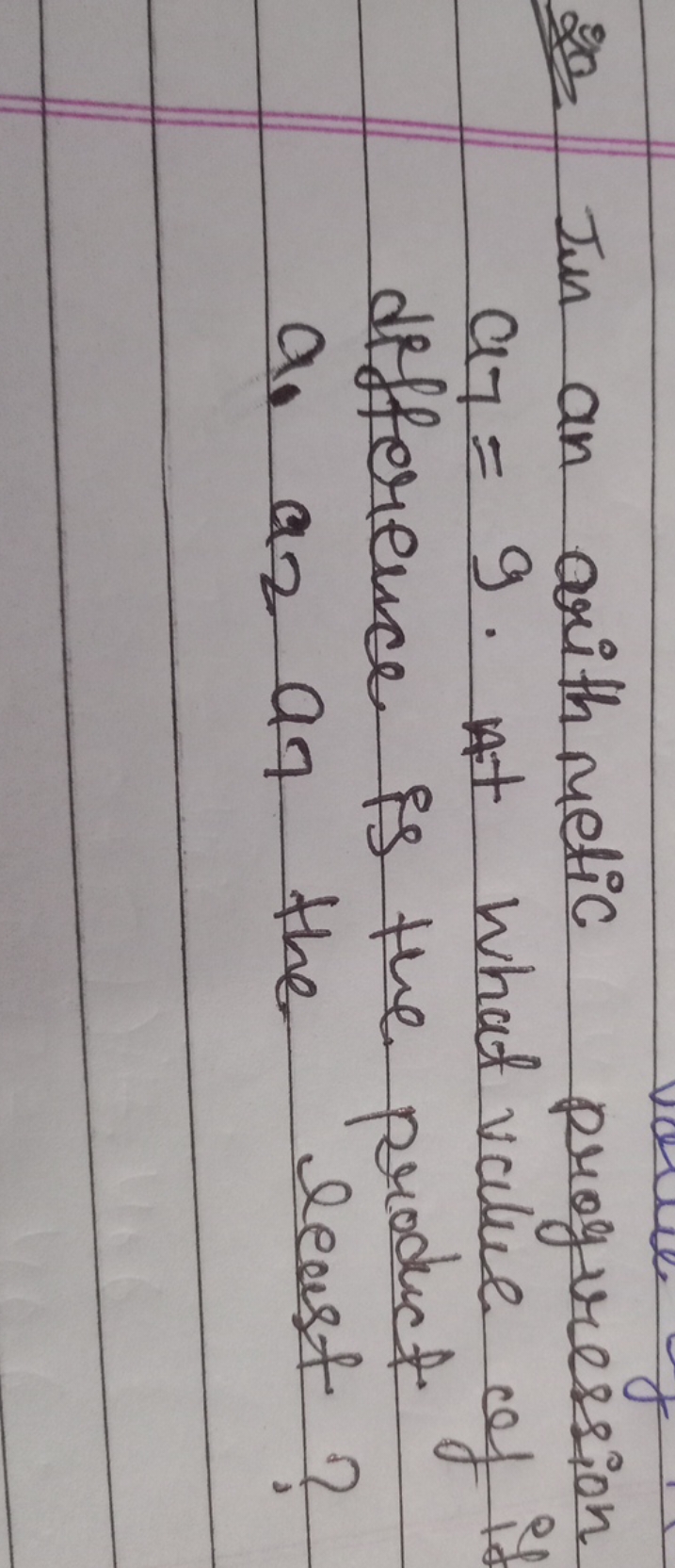 20 In an arithmetic progression a7​=9. At what value of if difference 