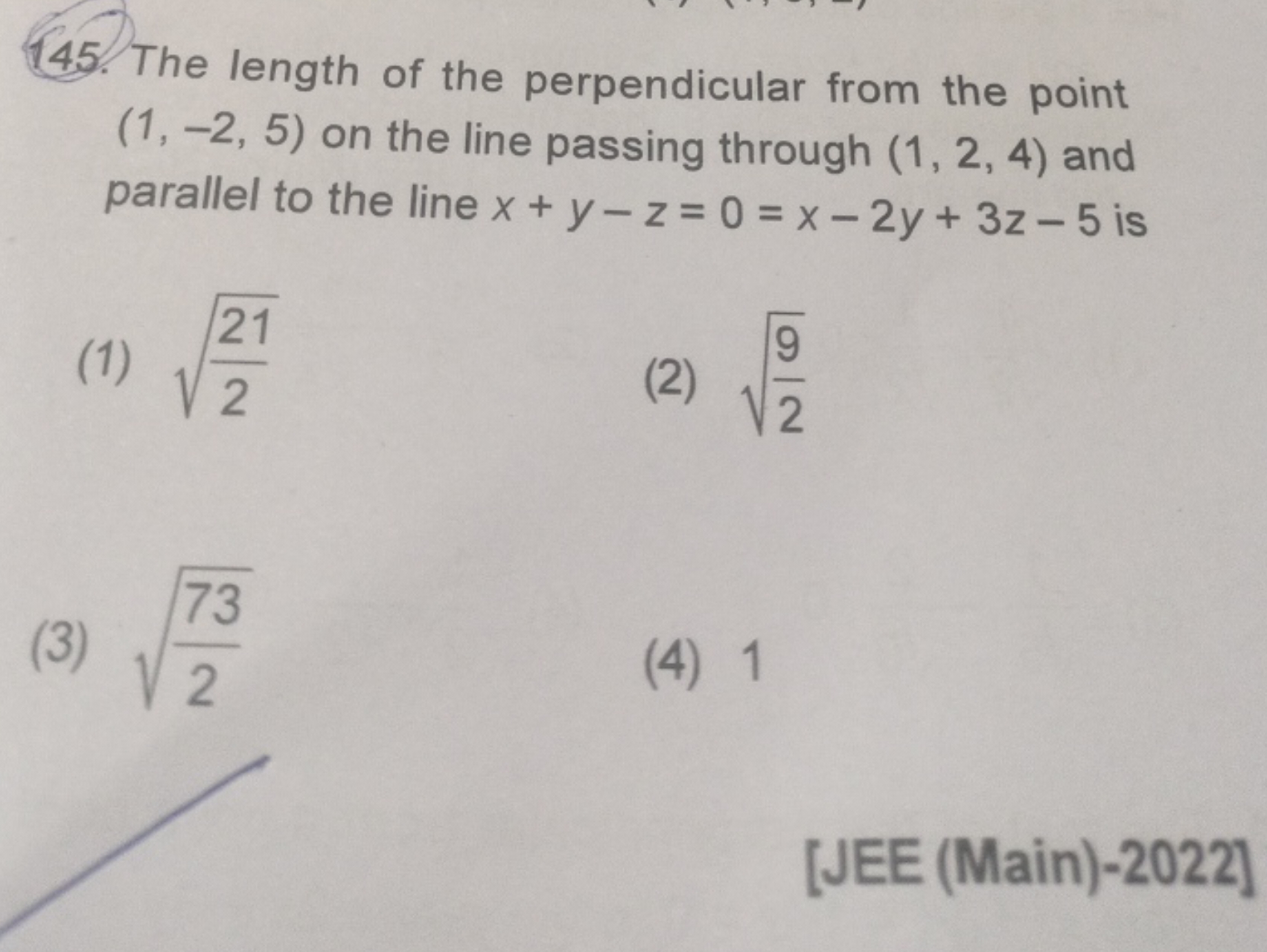 The length of the perpendicular from the point (1,−2,5) on the line pa