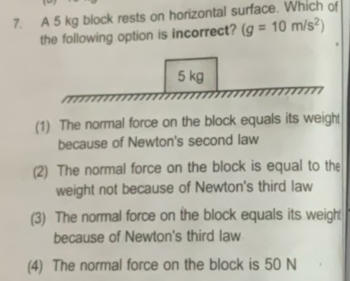 A 5 kg block rests on horizontal surface. Which of the following optio