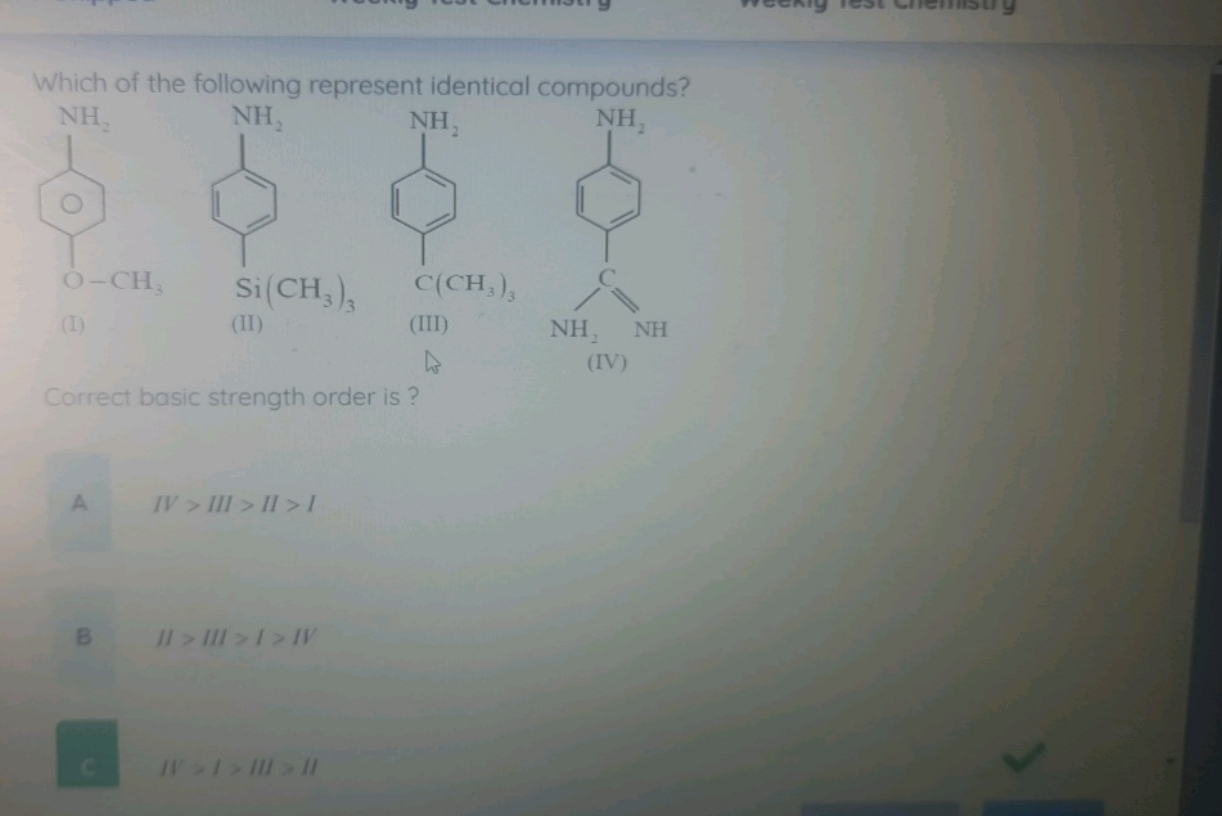 Which of the following represent identical compounds?
COc1ccc(N)cc1
CS