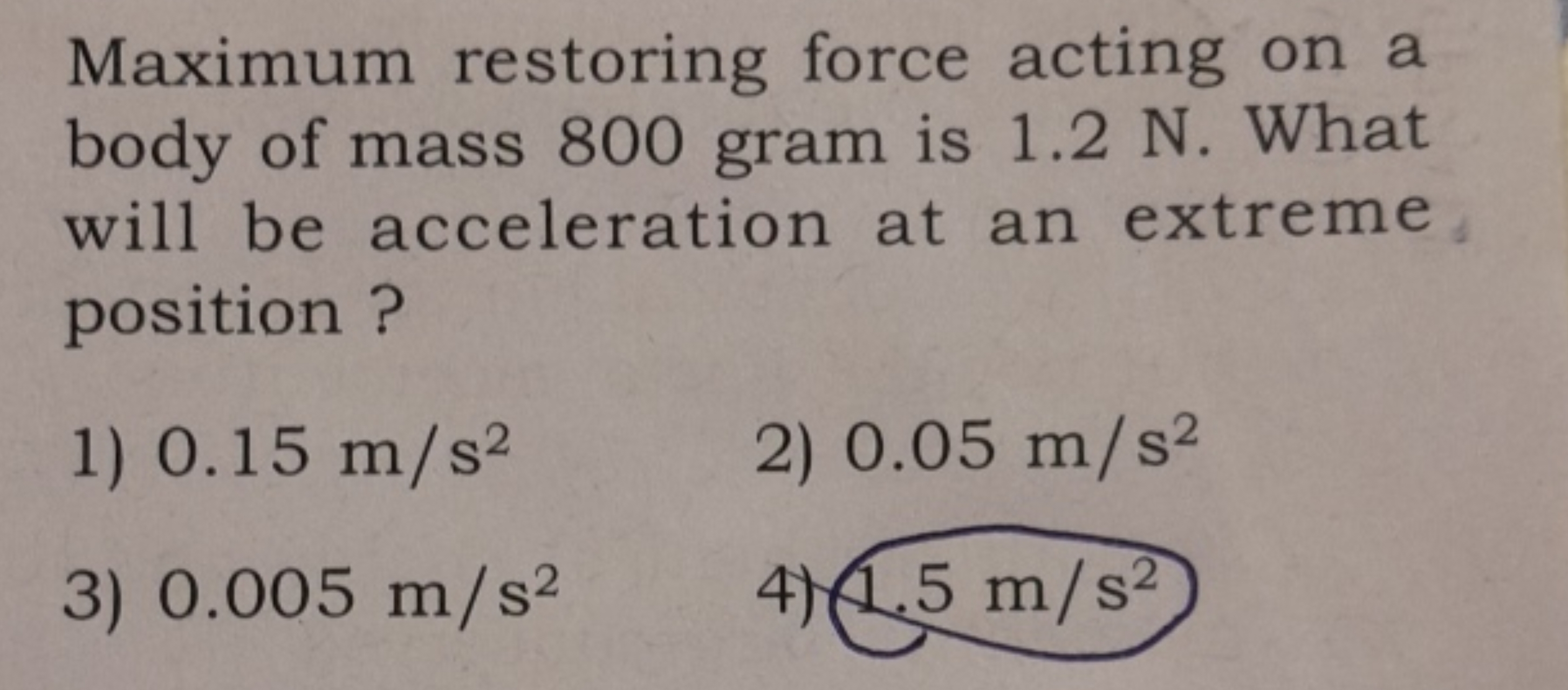 Maximum restoring force acting on a body of mass 800 gram is 1.2 N. Wh