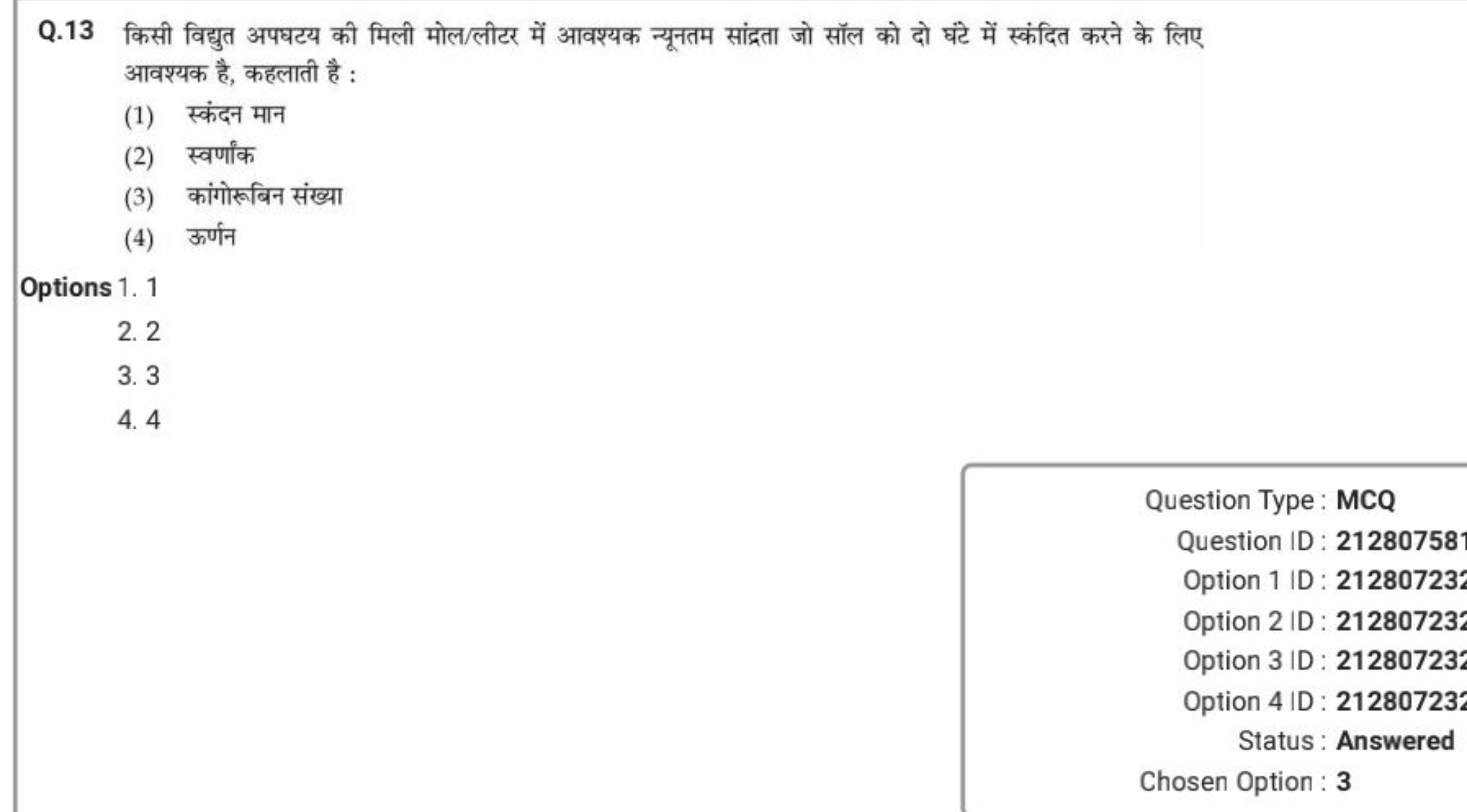 Q.13 किसी विद्युत अपघटय की मिली मोल/लीटर में आवश्यक न्यूनतम सांद्रता ज