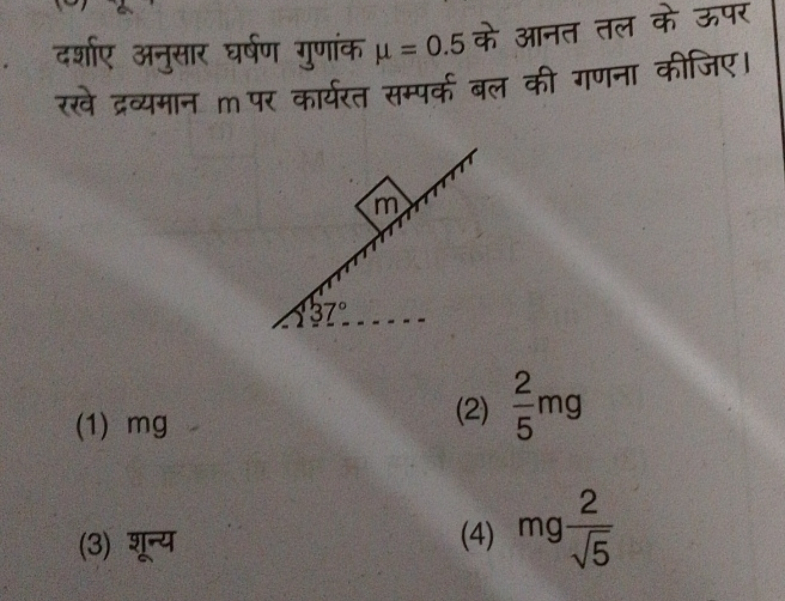 दर्शाए अनुसार घर्षण गुणांक μ=0.5 के आनत तल के ऊपर रखे द्रव्यमान m पर क