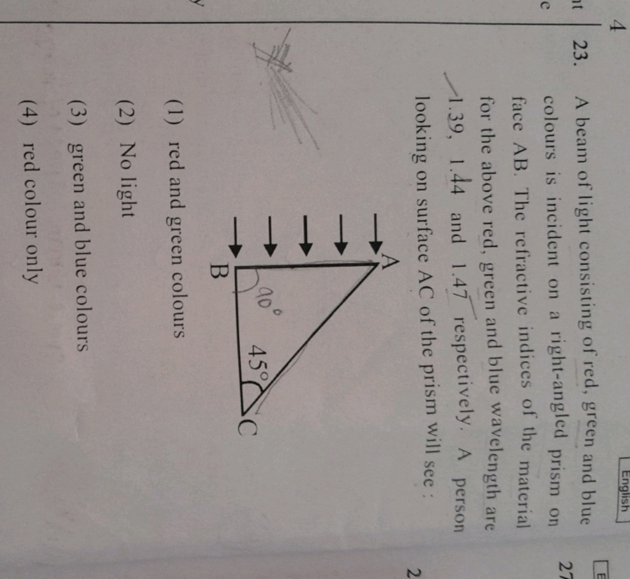 4 23. A beam of light consisting of red, green and blue colours is inc