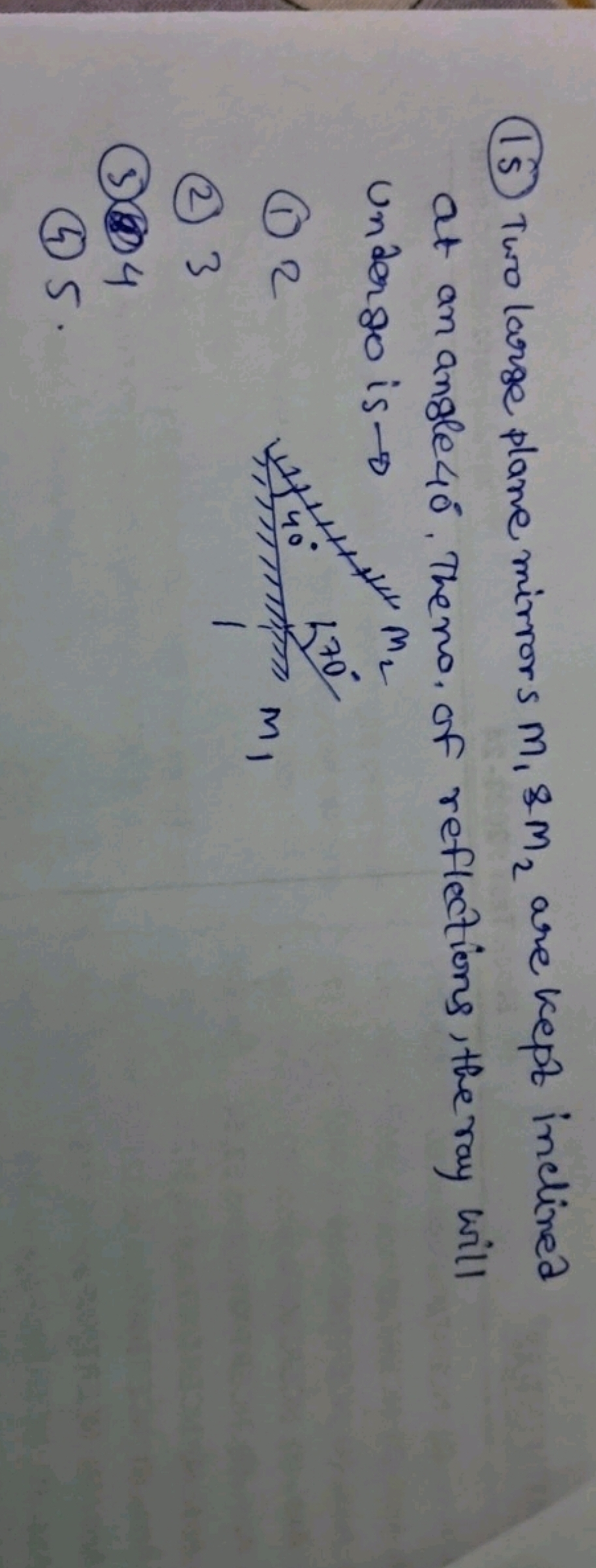  Two large plane mirrors m1​8m2​ are kept inclined at an angle 40∘. Th